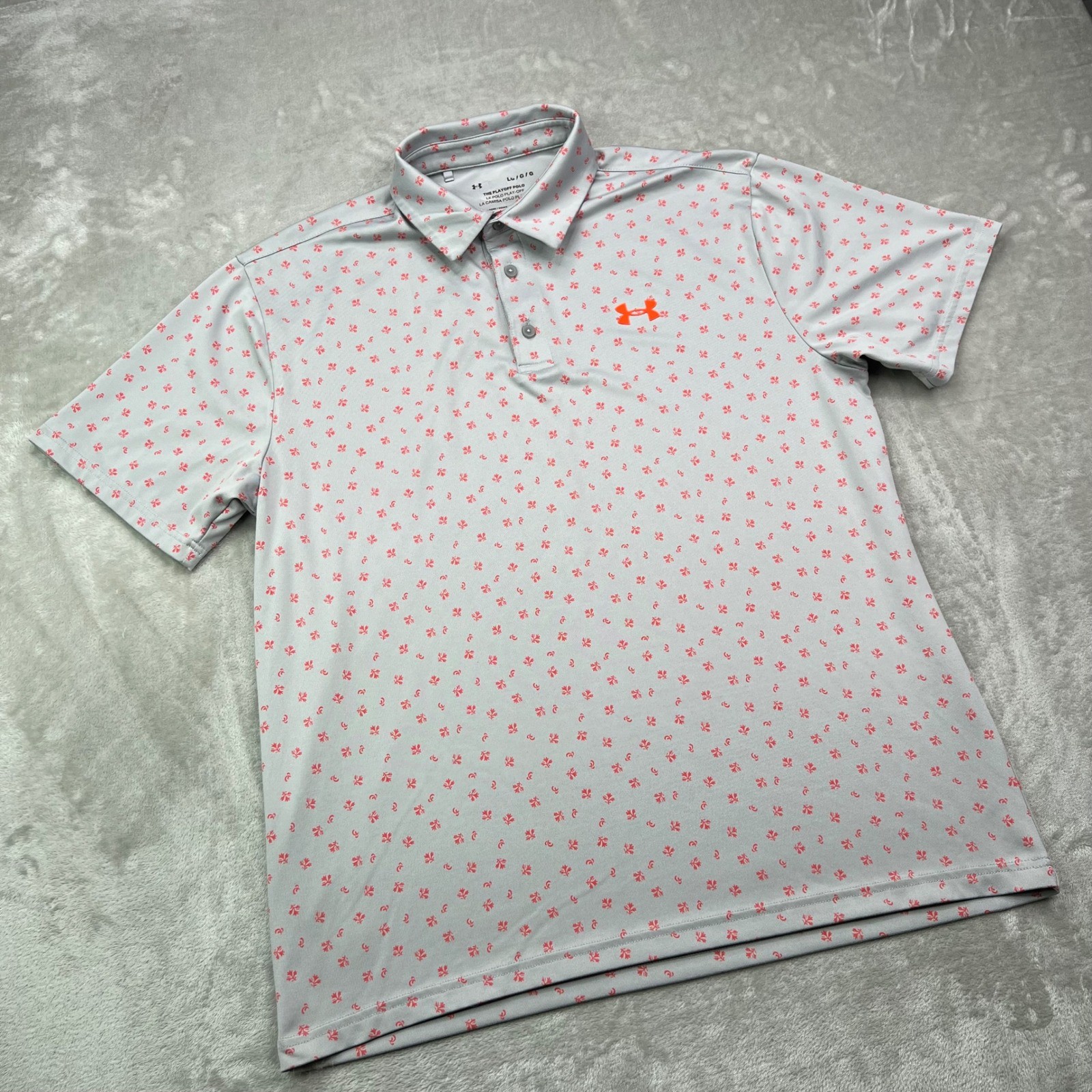 Under Armour Playoff Polo Shirt Mens Large Gray Floral Print Performance Loose