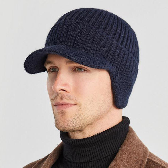 Men Women Knit Hat Winter Warm Stretch Beanie Ear Flaps Cap Outdoor Brim Ski Hat