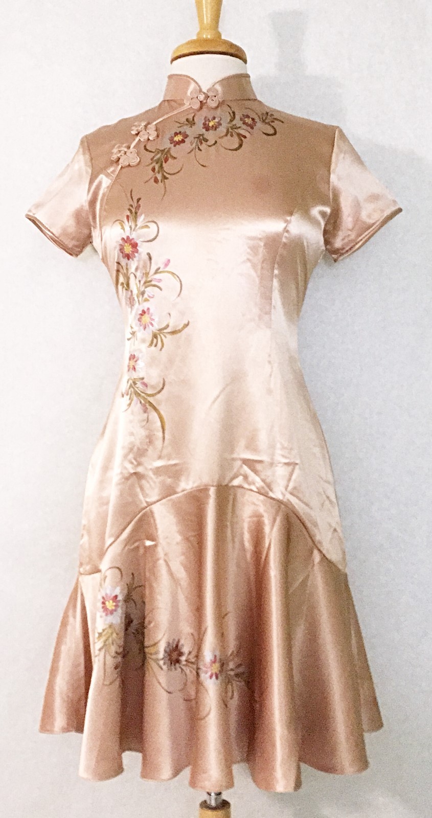Modified Asian Chinese Cheongsam Qipao Fashion Dress Rose Gold with Hand Painted