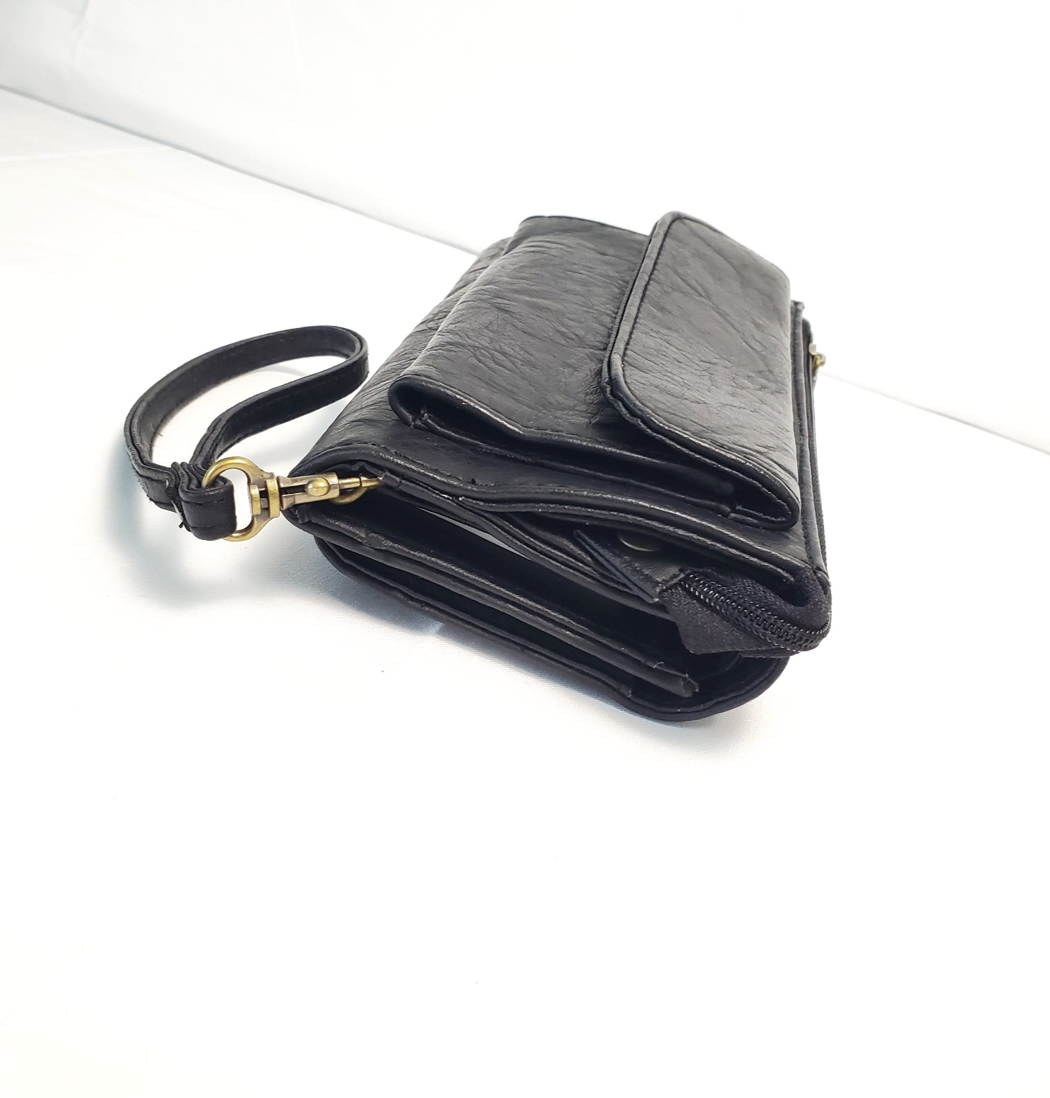 SIMPLY BASIC Black Faux Leather/Nylon Trifold Checkbook CLUTCH Wallet NEW