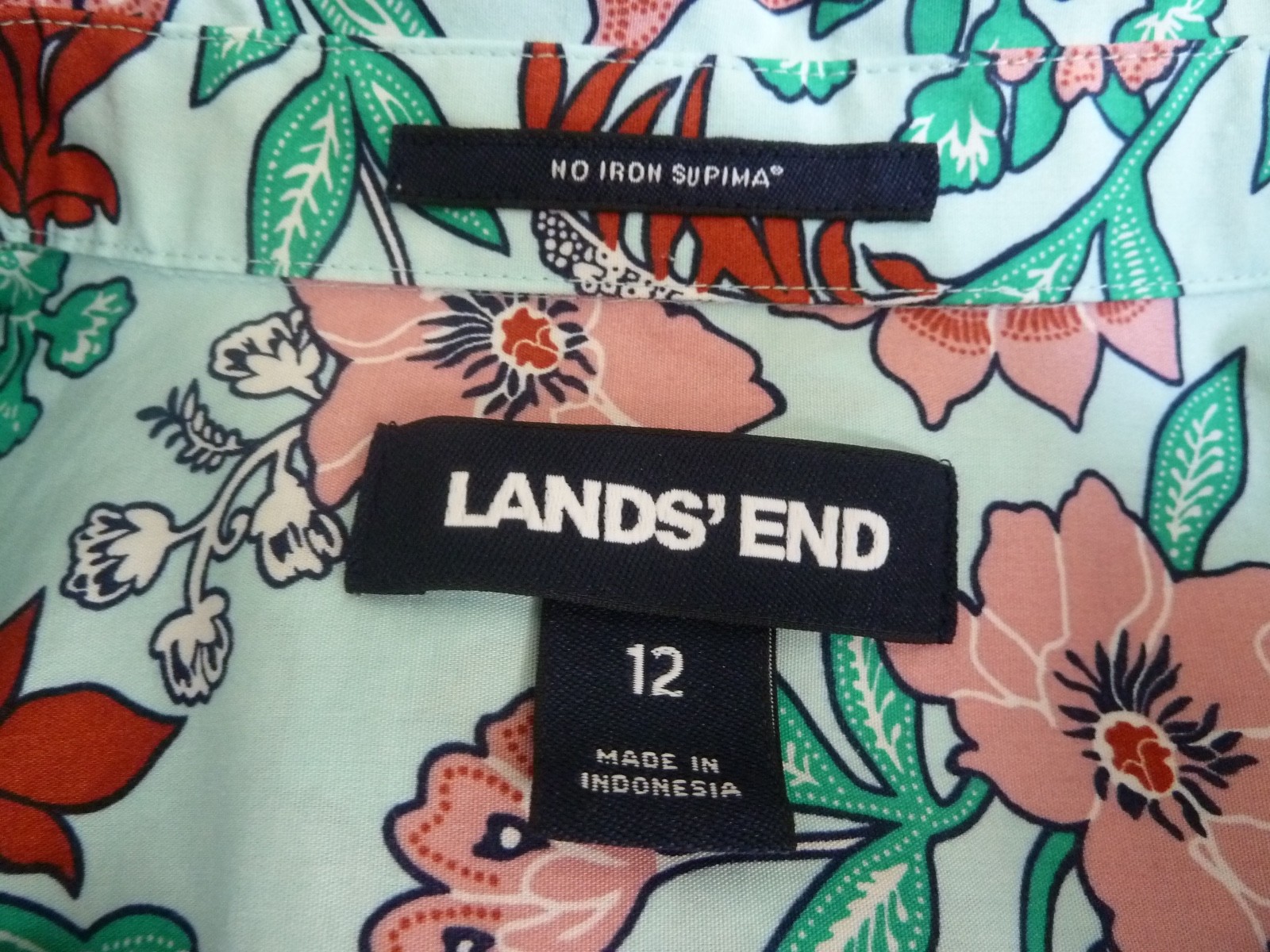 LANDS’ END Sz 12 No Iron Supima Cotton Tunic Blouse Floral Colorful 3/4 Sleeve
