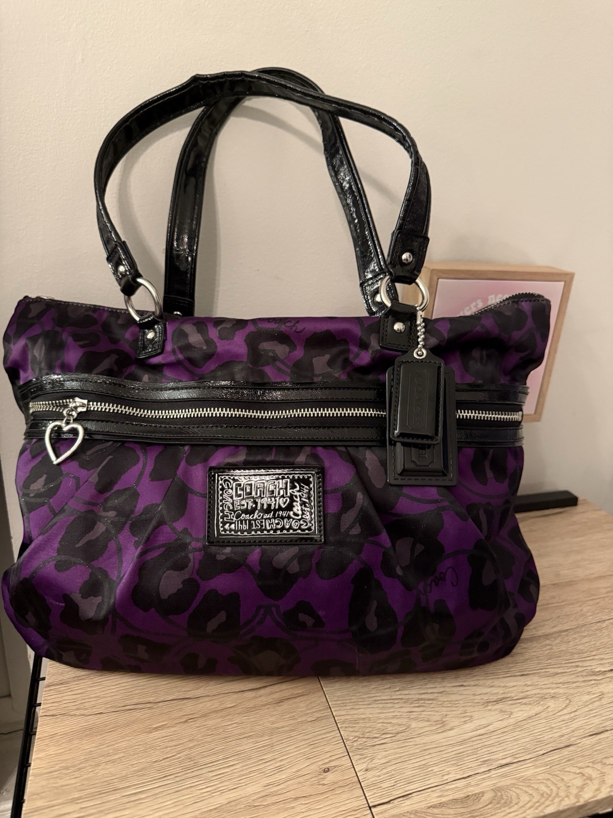 Coach Poppy Ocelot Tote with Black Patent Handles