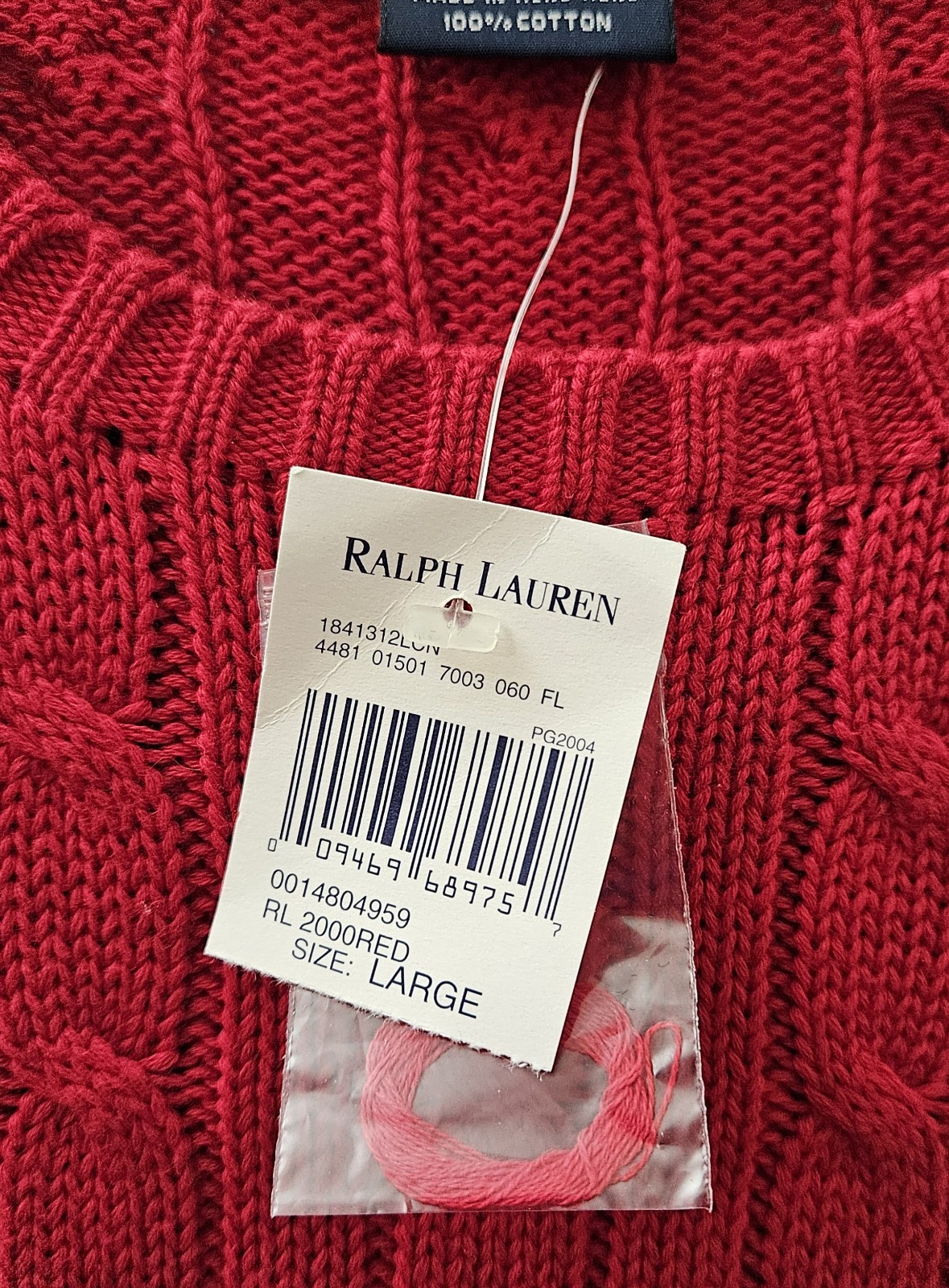 NEW w/Tag Ralph Lauren Red Cable Knit 100% Cotton Sweater Women’s Large Crewneck