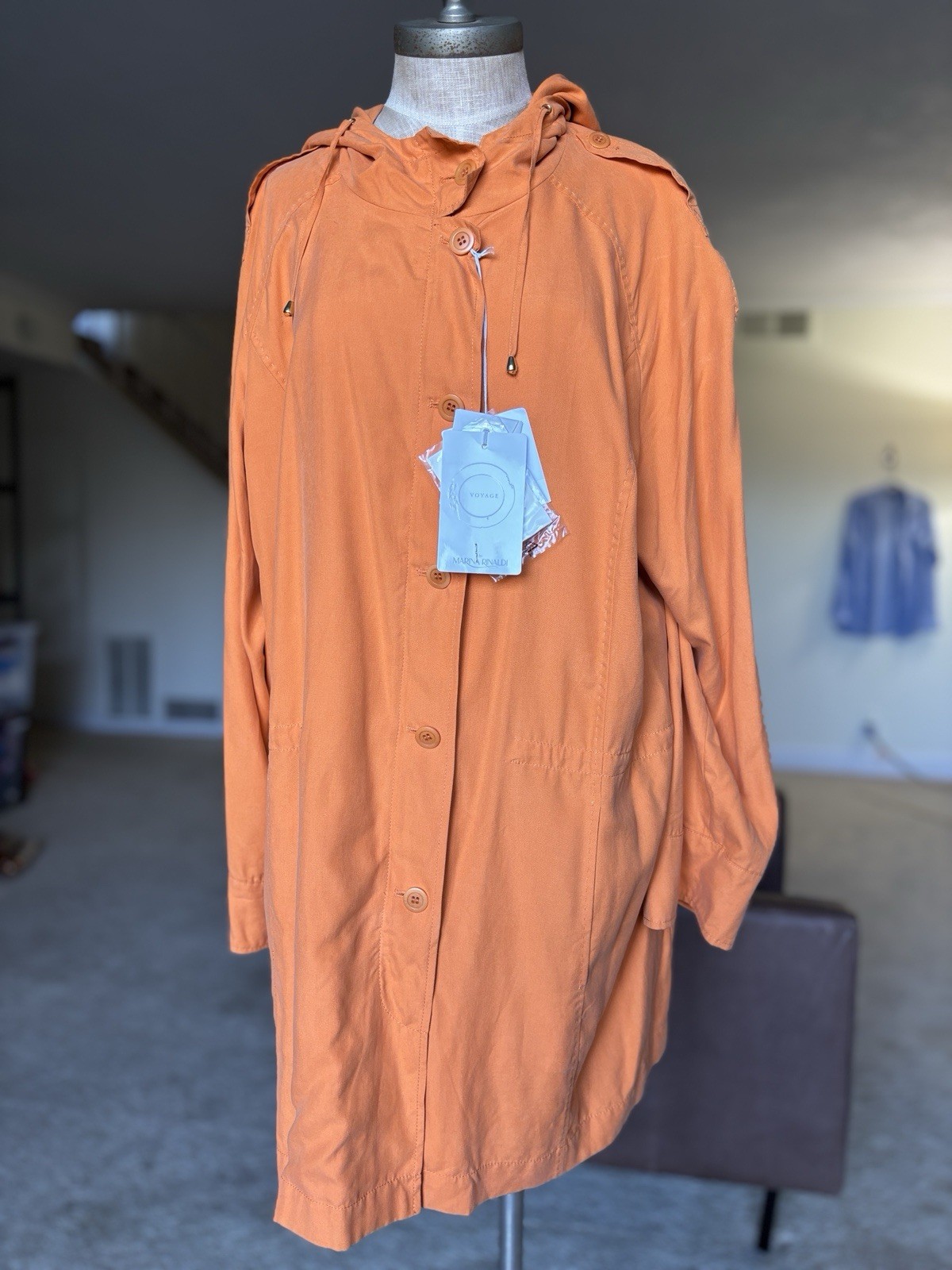 NEW Marina Rinaldi Orange Heide Hood 100% SILK Rain Coat Jacket NWT $720
