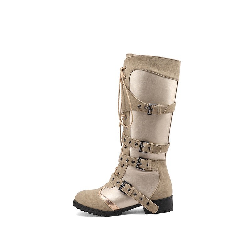 2026 Belt Buckle Round Toe Side Zipper Women’s Motorcycle Mid Calf Knight Boots