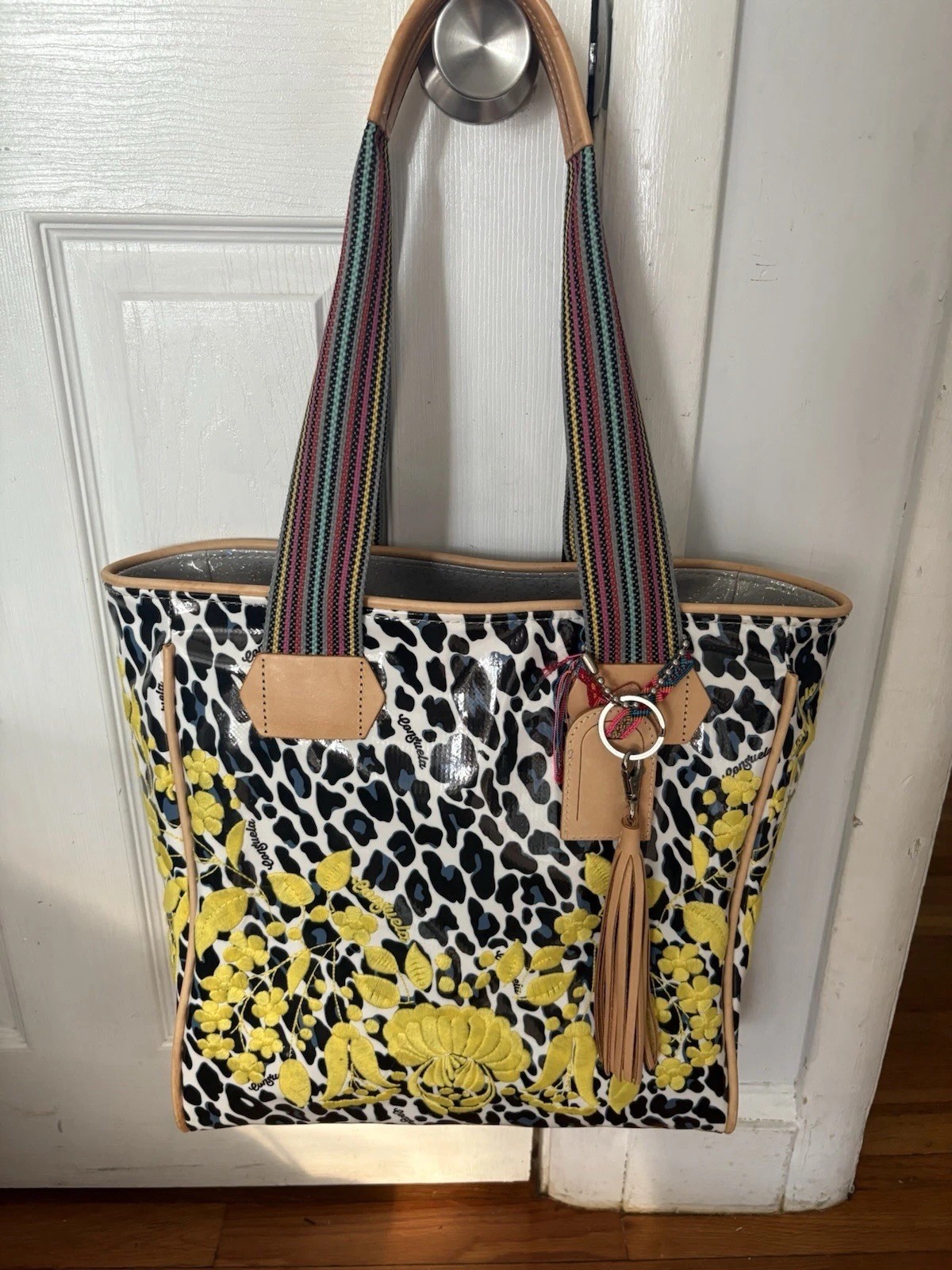 Consuela Gaby Classic Tote Bag Snow Jag Leopard Yellow Floral Embroidered