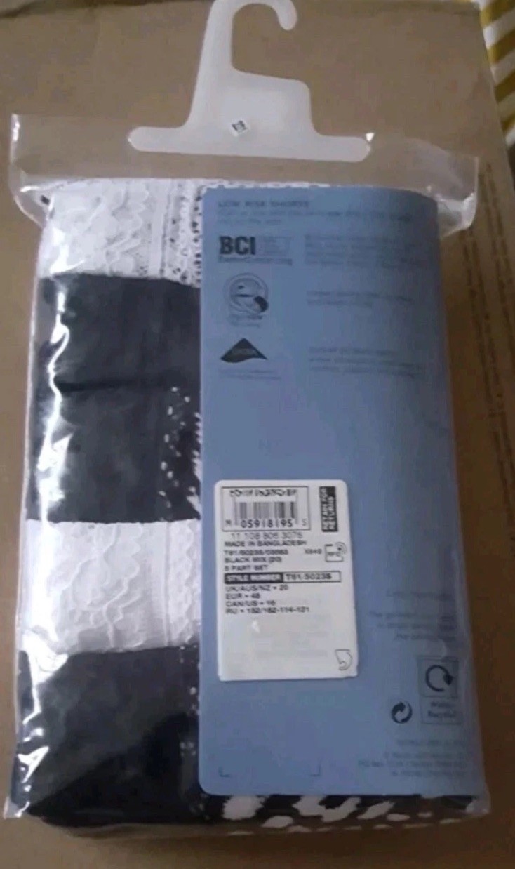 M&S ladies 1 x 5 cotton rich BLACK/WHITE knickers LOW RISE SHORTS UK Sz 20 EU 48