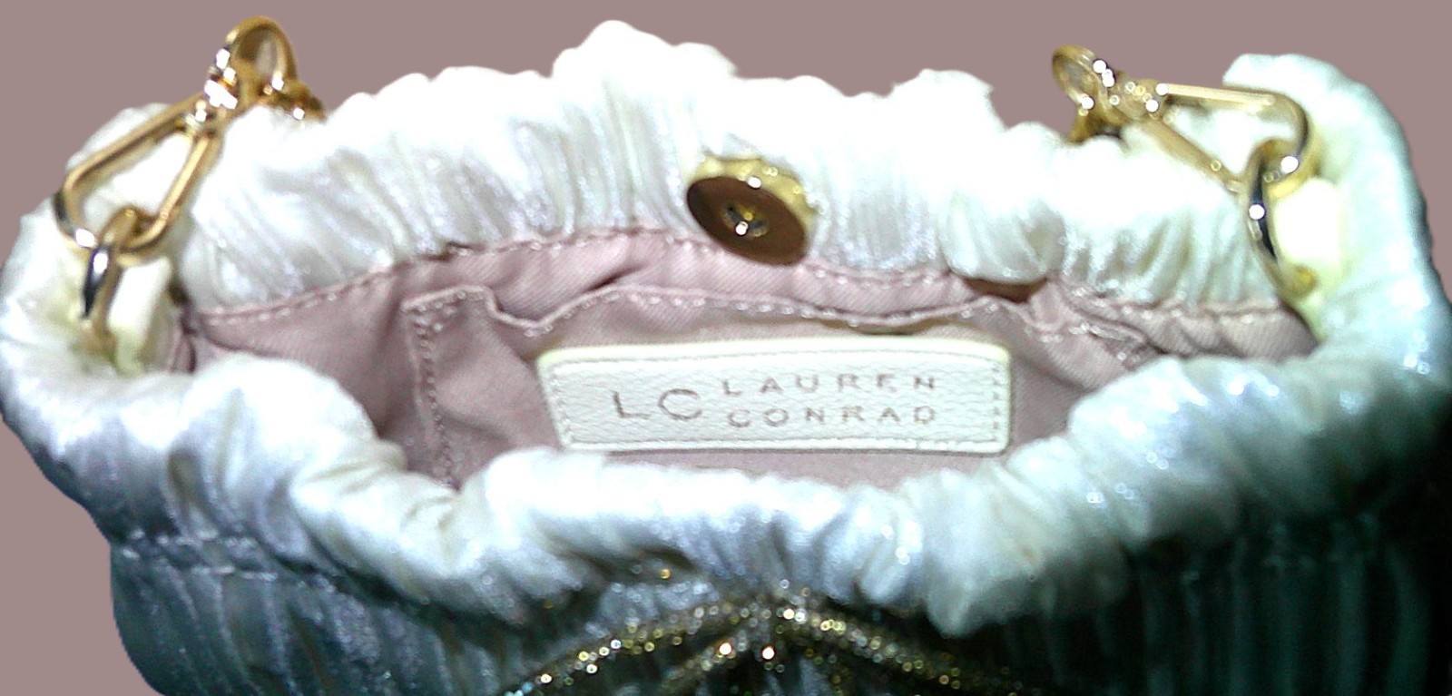2025 LC Lauren Conrad White Pleated Clutch/Crossbody Purse, Rhinestone Bow, NWOT