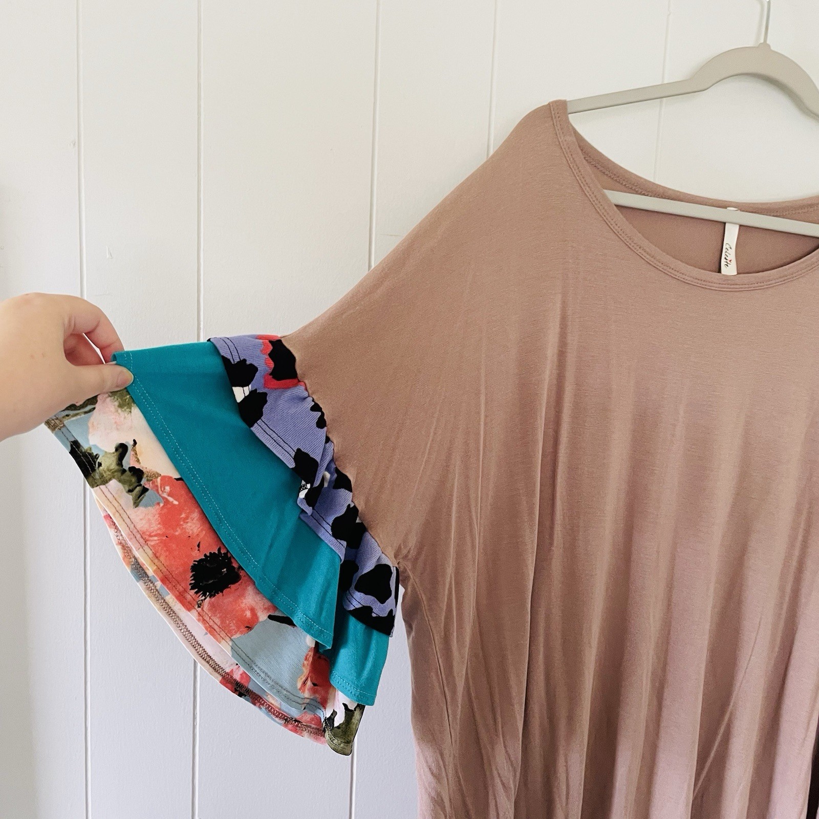 Celeste Taupe Multicolor Colorblock Ruffle Round Neck Flutter Sleeve Top 3XL