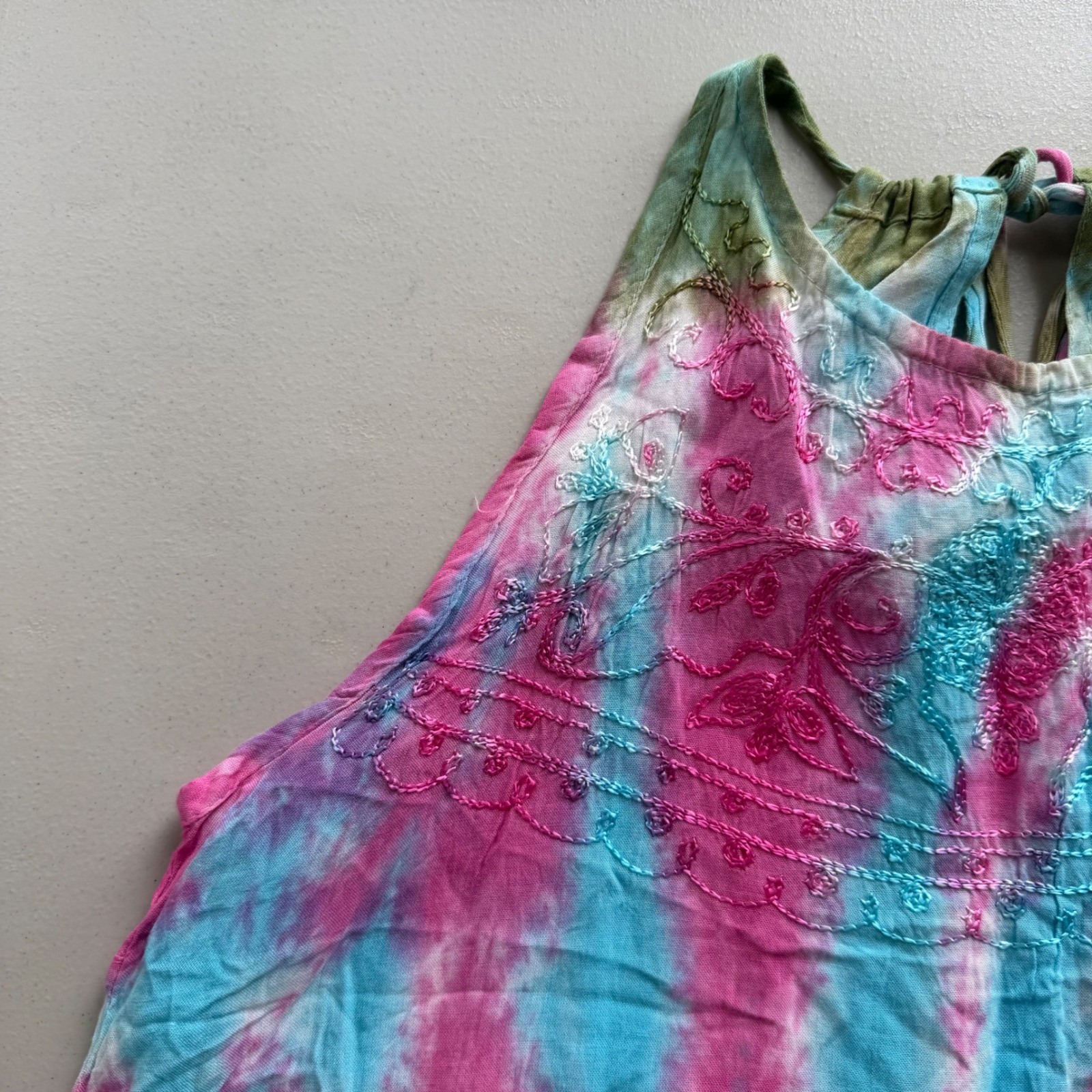 India Boutique One Size Pink Blue Green TieDye Embroider Halter Mini Dress Beach