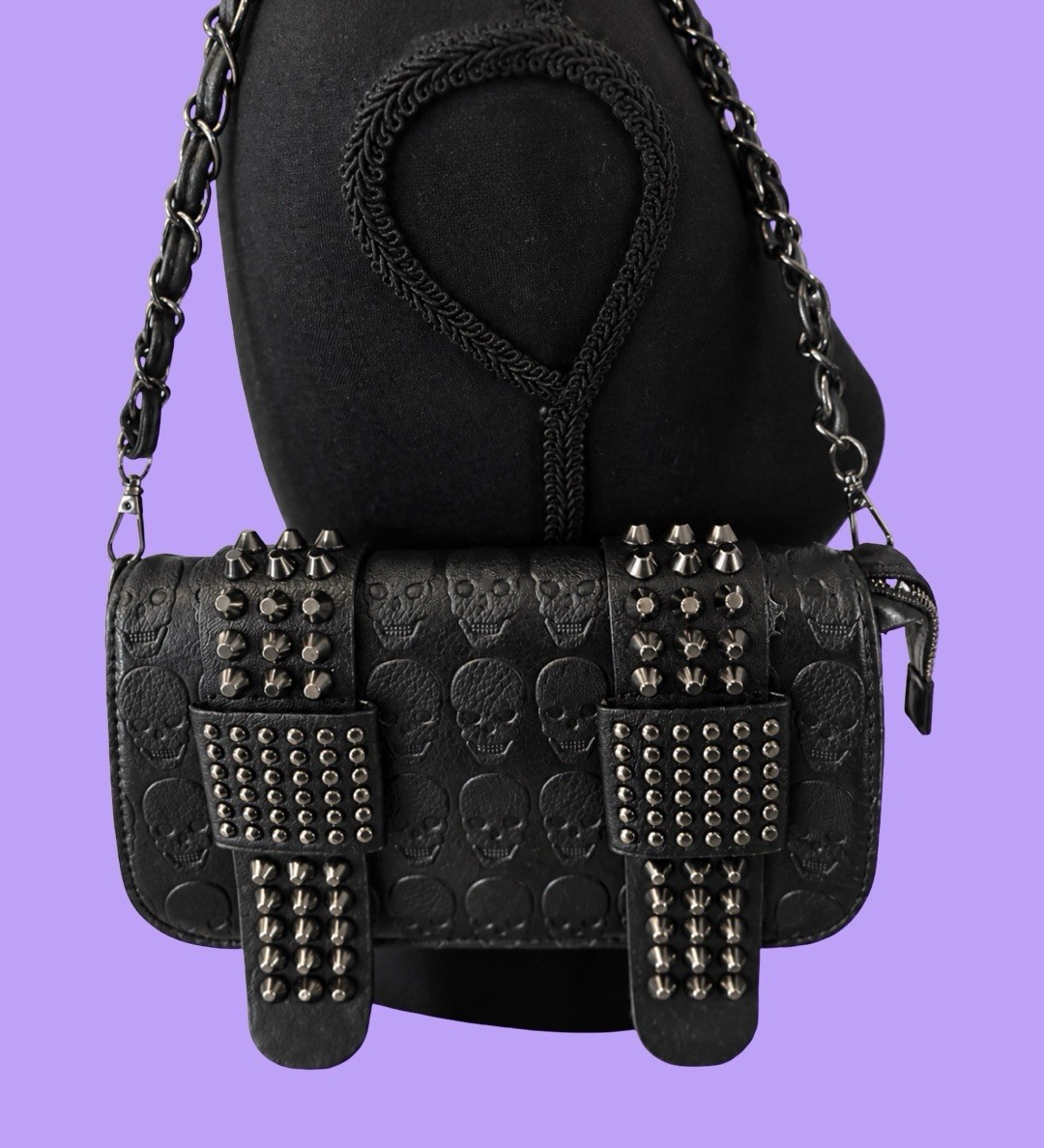 Black Skull Embossed Street Style Bag with Metal Accents & Crossbody Strap NEW