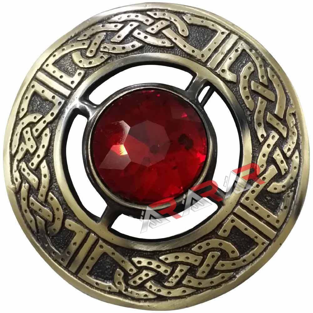 Celtic Kilt Fly Plaid Brooch Red Stone Antique Finish 3″/Highland Plaid Brooch