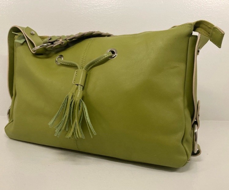 VTG FALOR Firenze Italian Leather Yellow-Green Shoulder Bag Braided Strap Chunky
