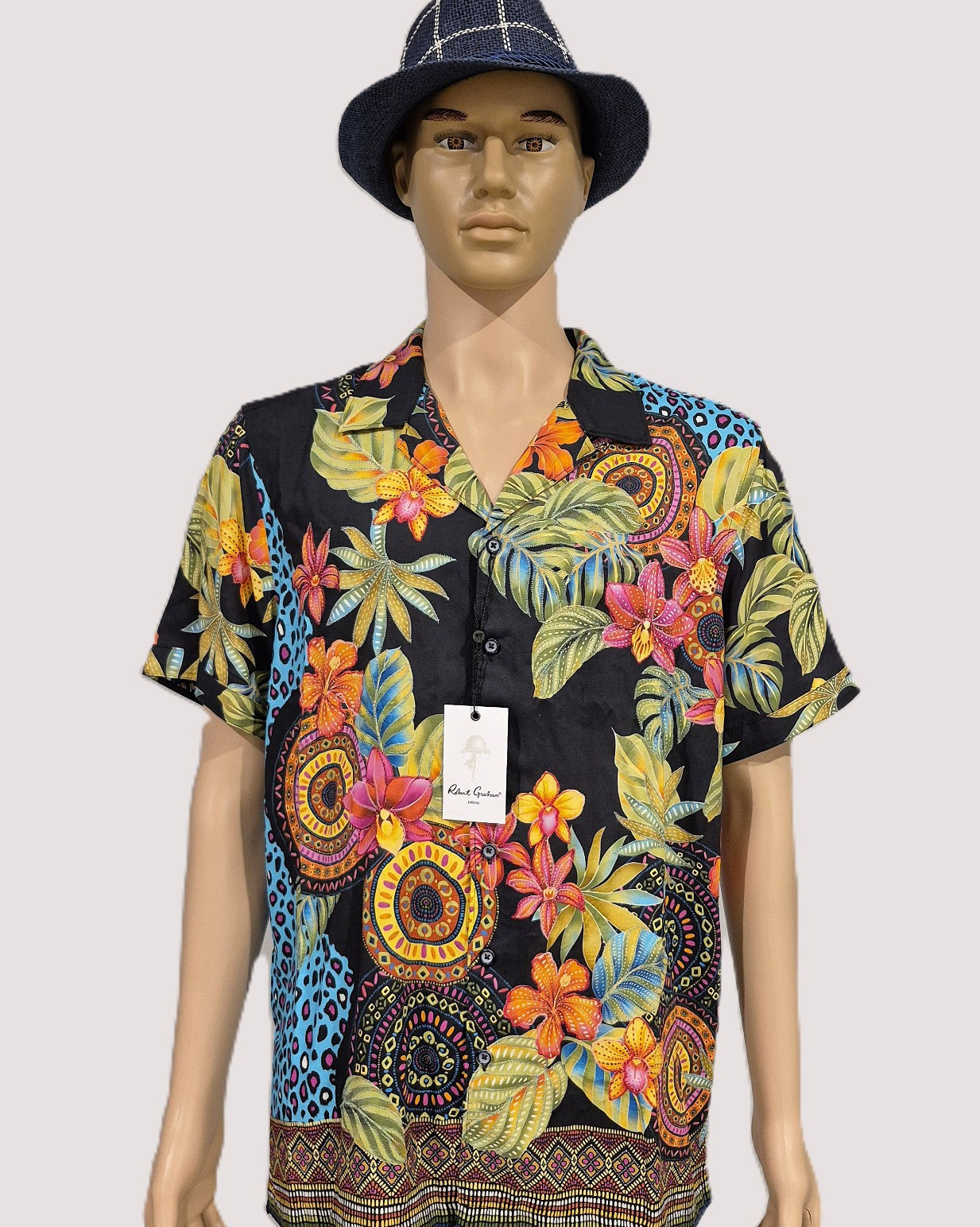NWT $298 ROBERT GRAHAM BURMA HAWAIIAN SHORT BLACK FLORAL EMBROIDERY L