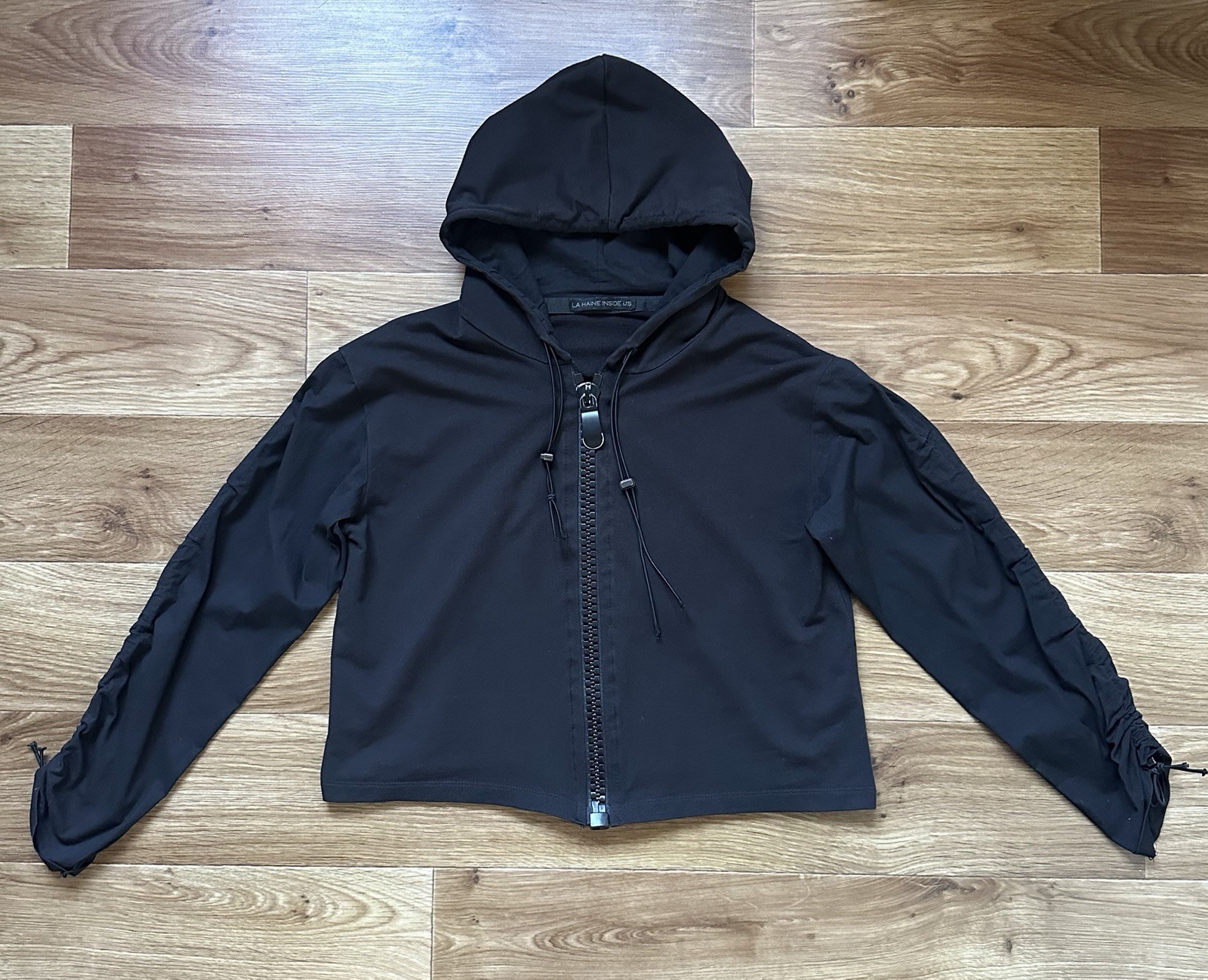 La Haine Inside Us Black Cropped Hoodie Zip Up Italian Avant-Garde Grunge Style