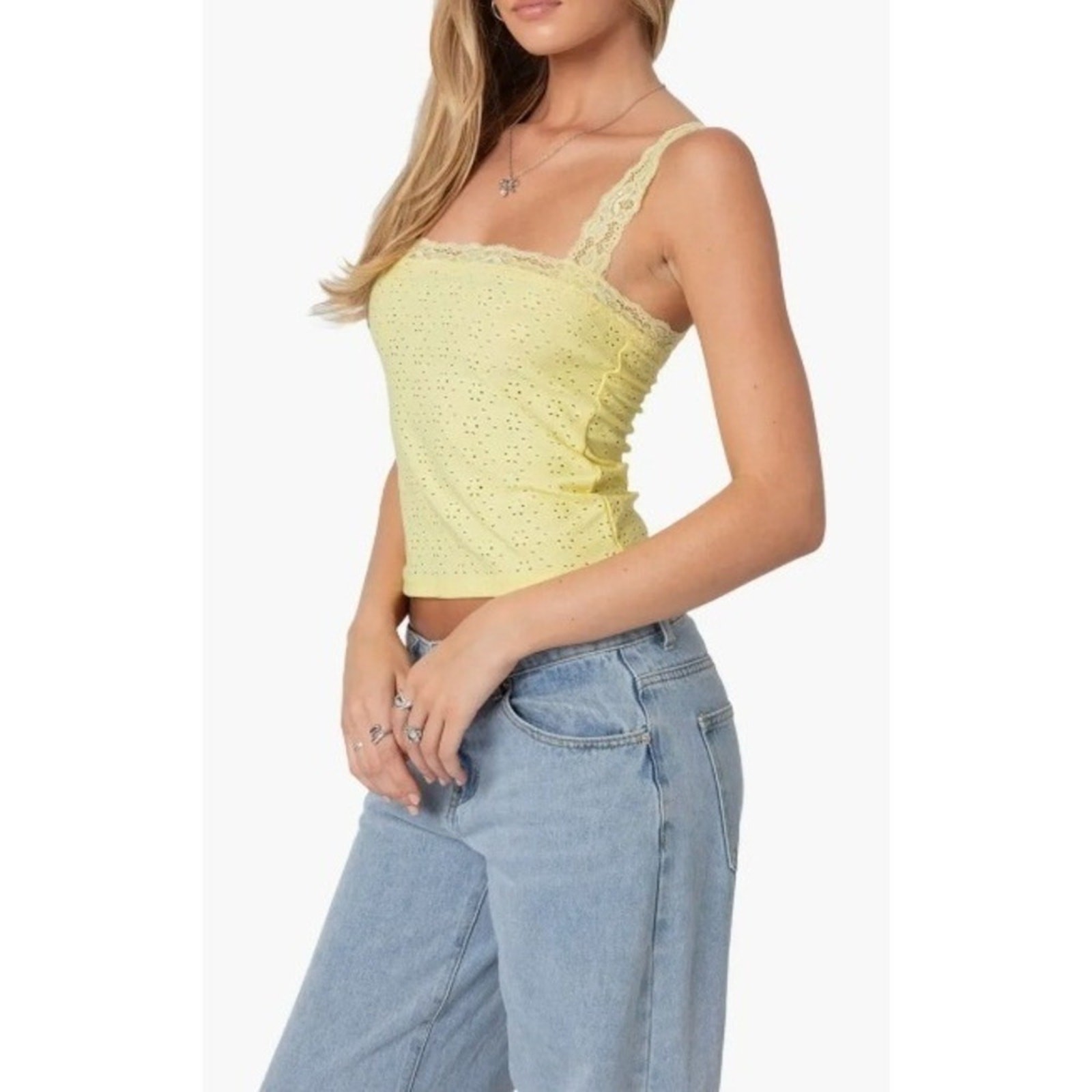 Edikted | Yellow Eyelet Lace Trim Cami Tank Top Pointelle Square Neck | Medium