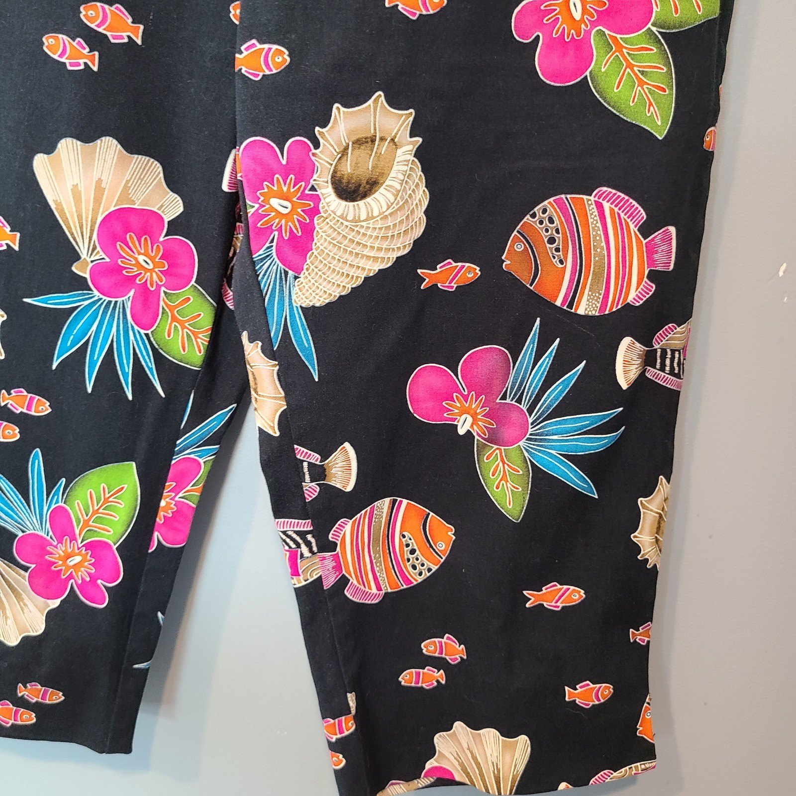 Vtg 90s Crop Capri Pants Seashell Fish Conch Cotton Spandex Sz M Resort Coastal