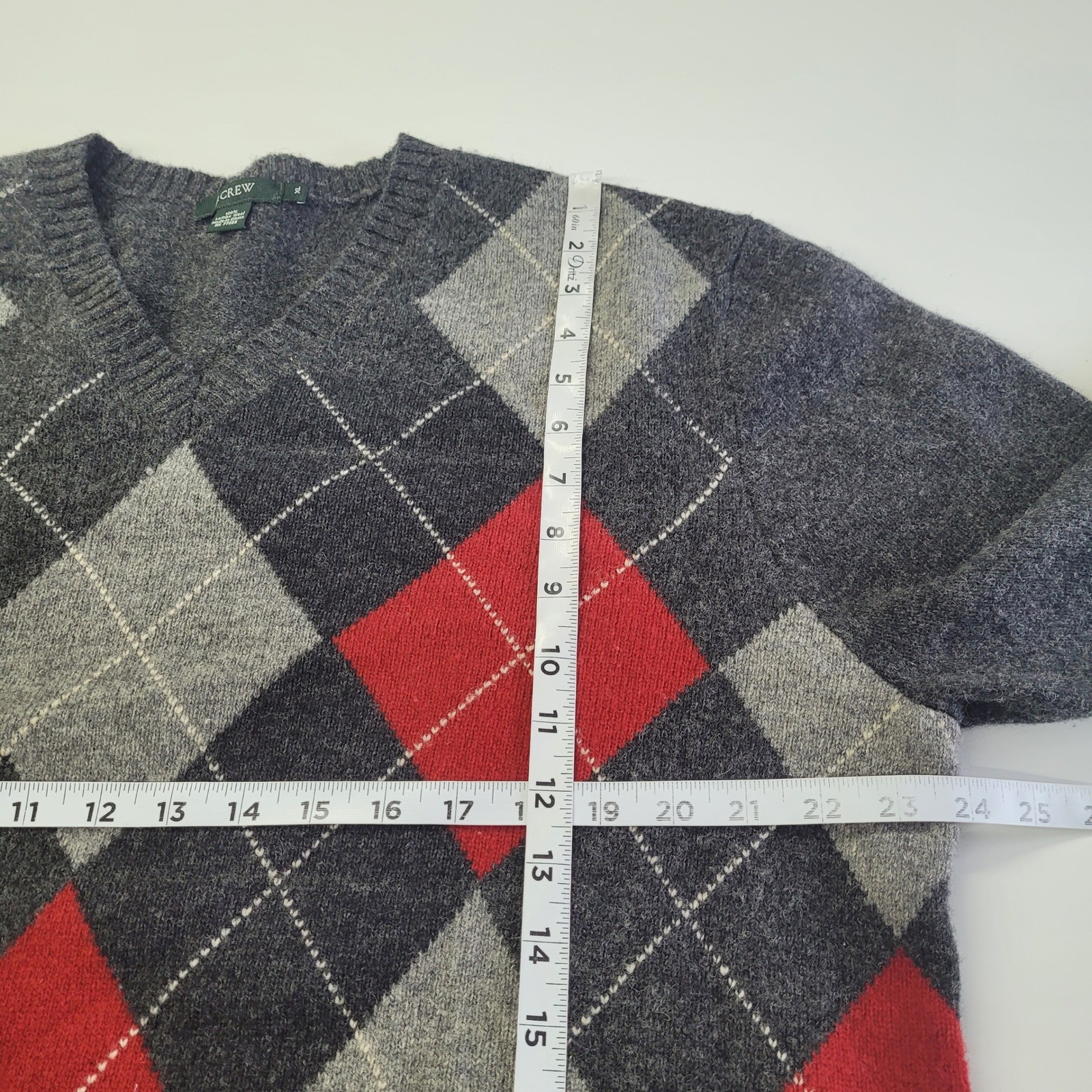 J.Crew Lambswool Sweater XL V-Neck Argyle Gray Red Classic Menswear Academia