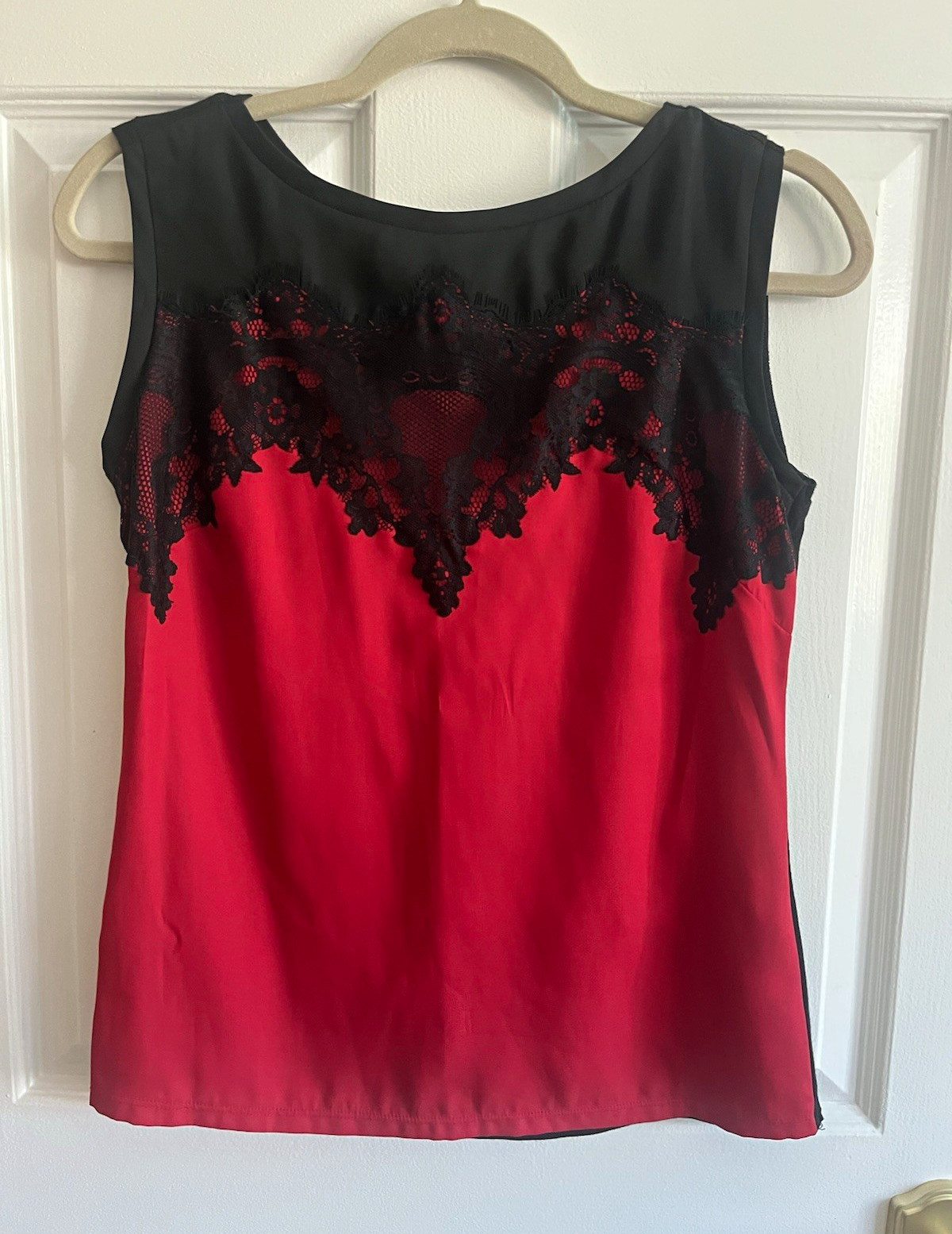 Worthington Red Black Lace Overlay Round Neck Sleeveless Tank Top Petite PS