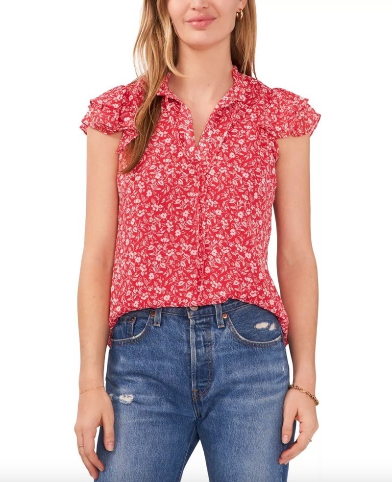 Sam & Jess Blouse Womens Size Small Petite PS Red White Floral Vneck NWT
