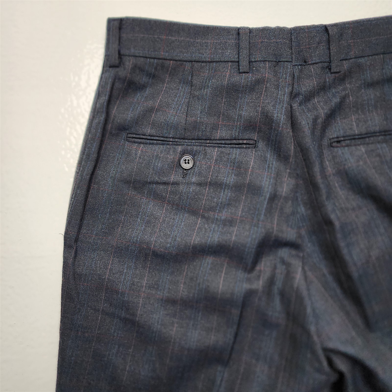 Vtg Old Money 28×30 Dark Gray Herringbone Check Wool Tweed Flat Front Mens Pants