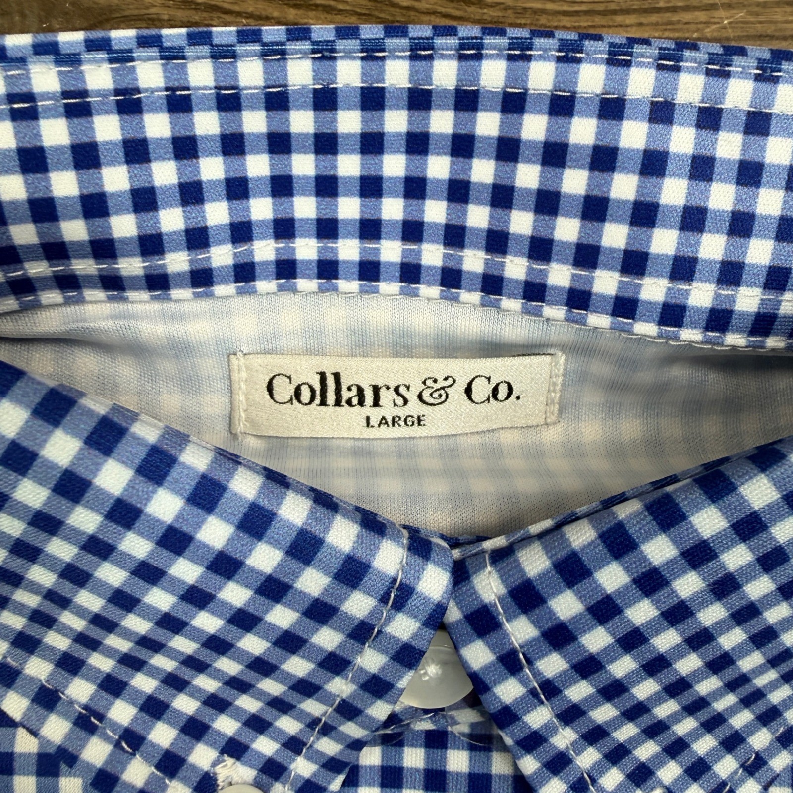 Collars & Co Mens Size Large Long Sleeve Oxford Polo Shirt Blue Gingham Stretch