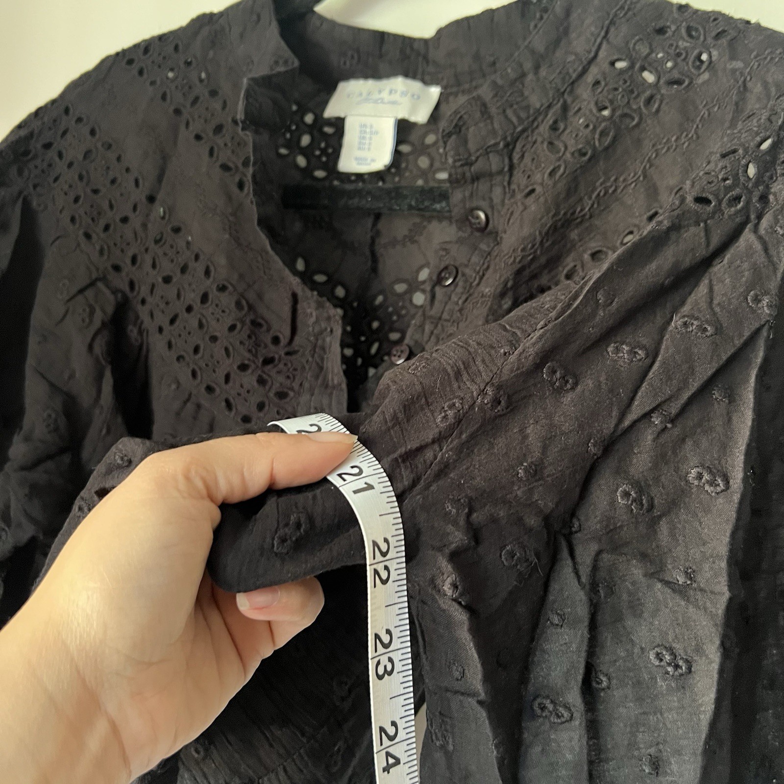 Calypso St Barth Embroidery Black Eyelet Bell Sleeve Cropped Relaxed Top SZ S