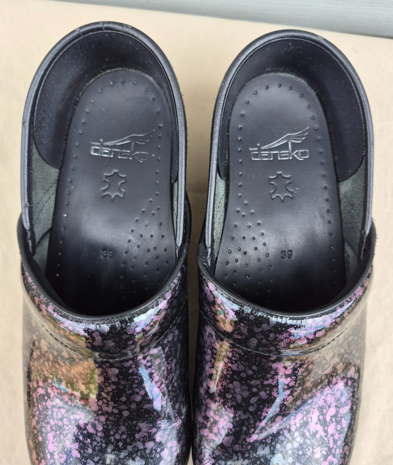 Women’s Dansko Patent Professional Clogs Metallic Ink Paint Splat Size: 39