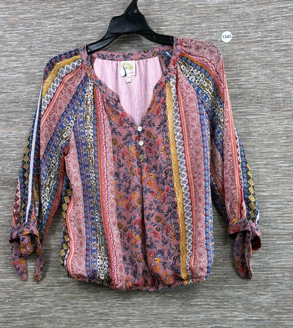 Fig & Flower Floral Boho Long Sleeve Peasant Blouse Womens Size PM Multicolor
