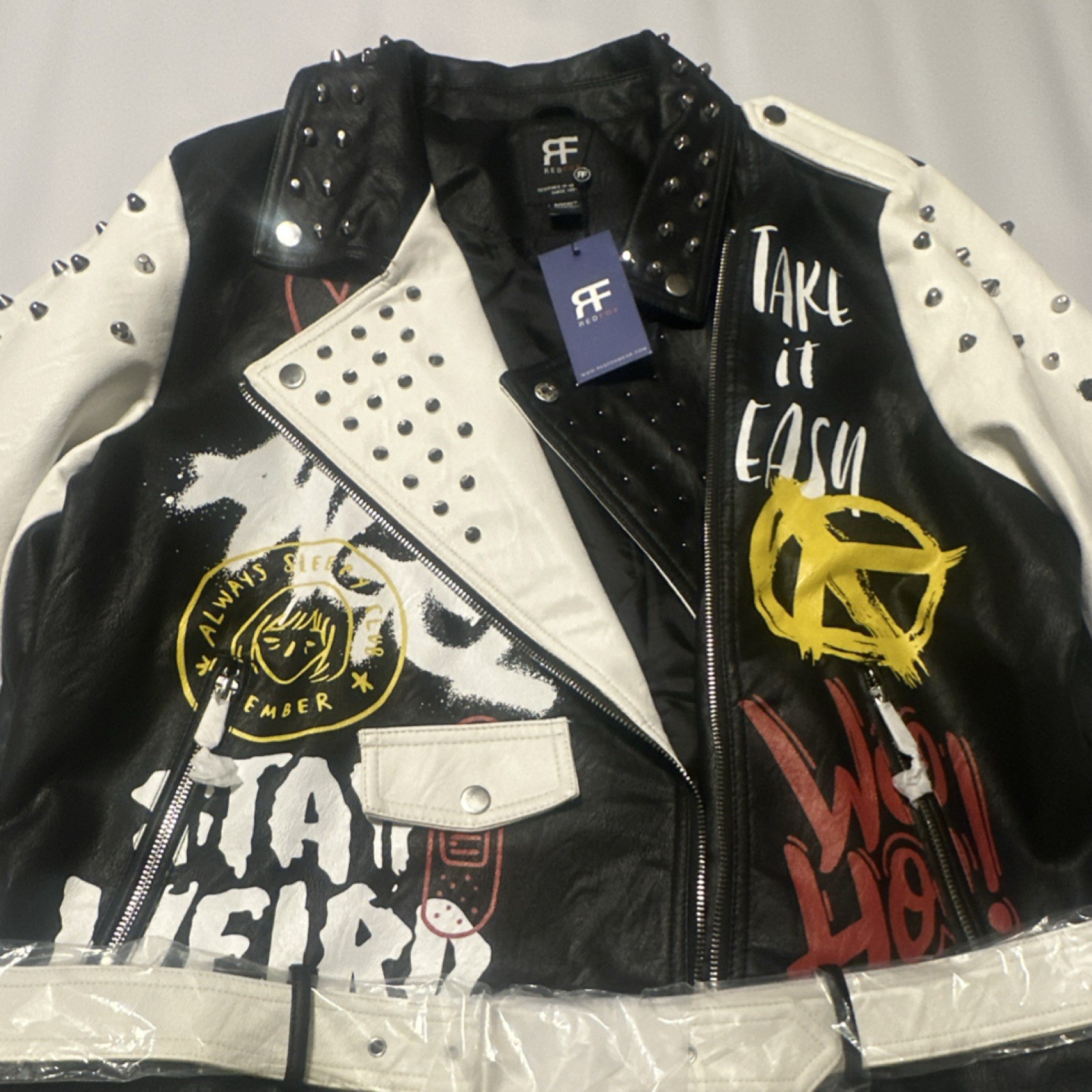 Freaky Fashion Studded Painted Graphic Biker Jacket Black White Men