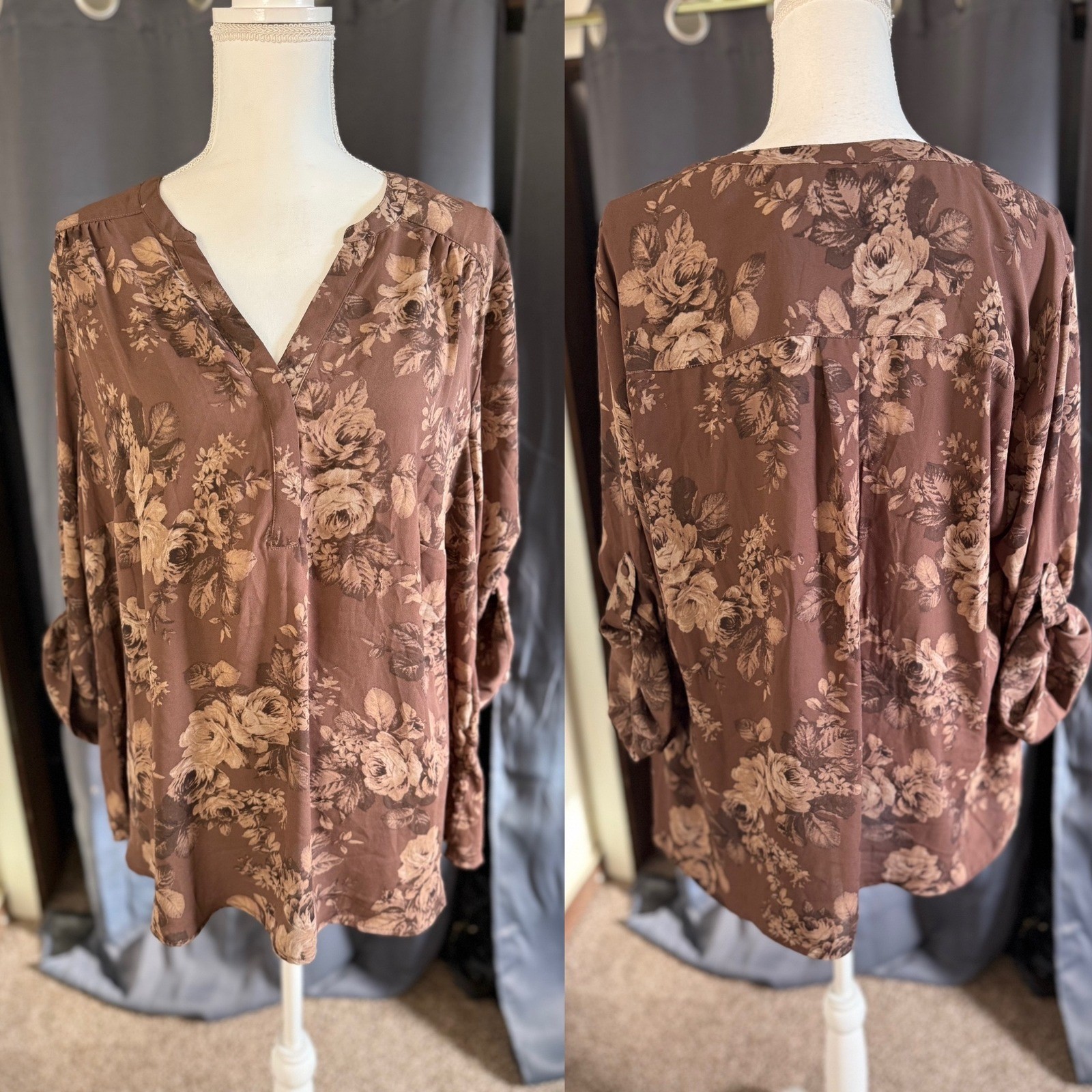 Torrid Harper Blouse 2 Brown Floral Rose Georgette Roll Tab Pullover Top nwt