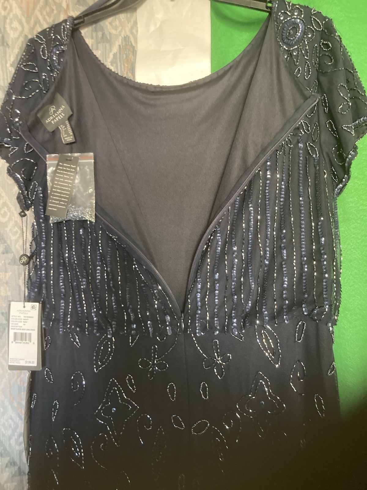 Adrianna Papell Size 14 Blue Beaded Sequin Mesh Long Gown, Short Sleeve