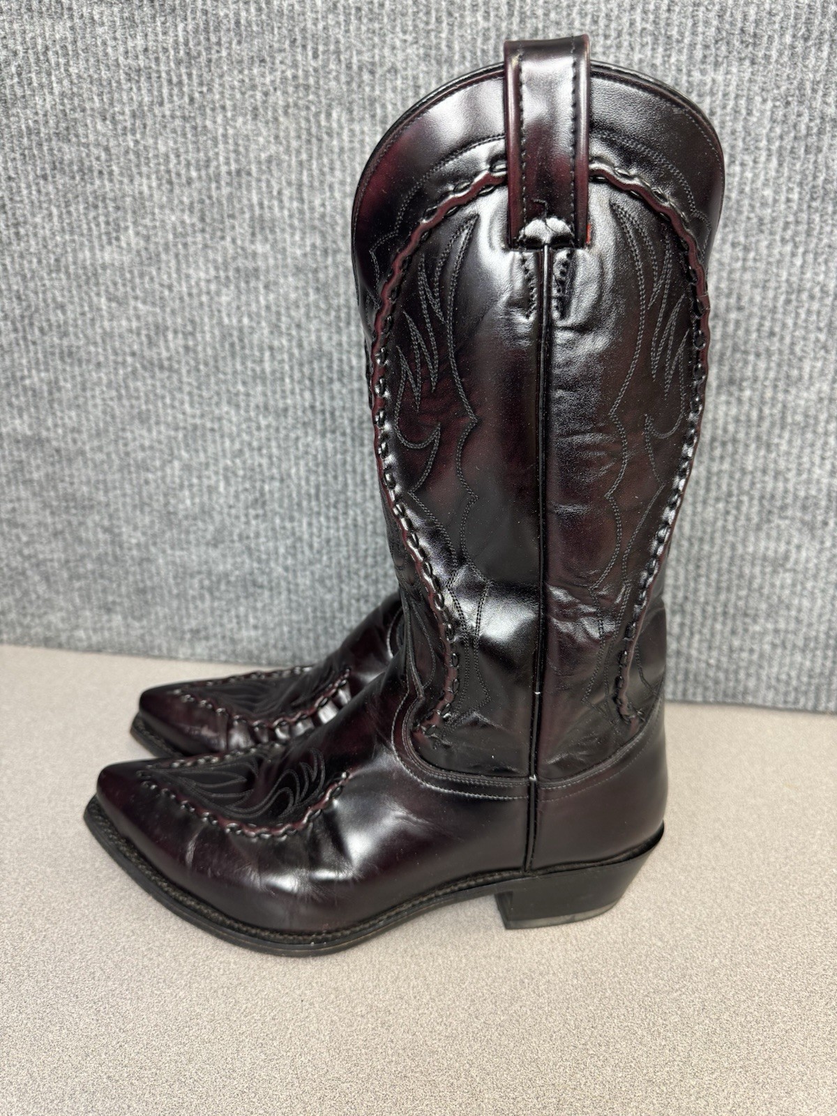 Dan Post 8.5 EW Vintage Black Cherry Braided Laced Leather Cowboy Boots
