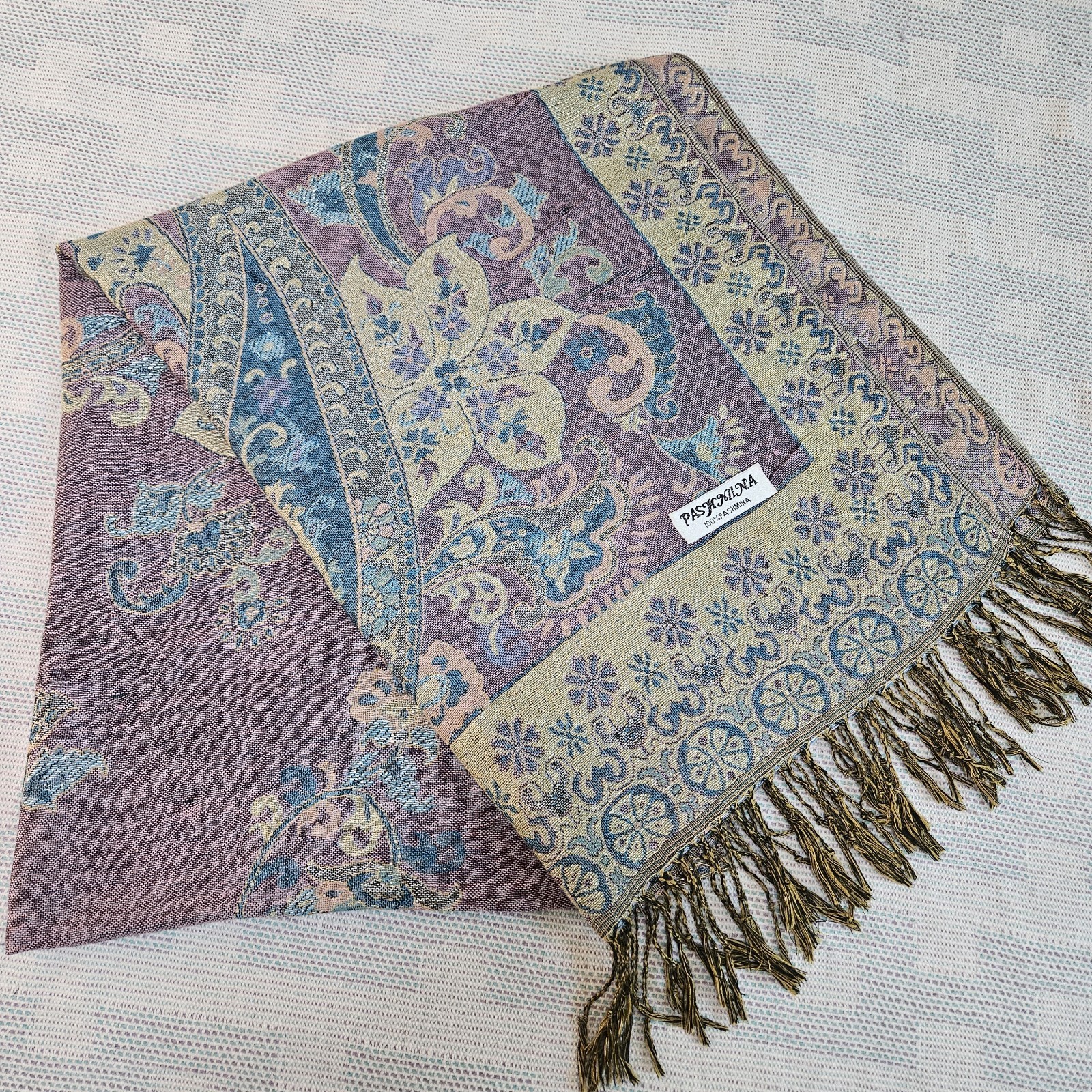100% Pashmina Wrap Floral Paisley Scarf Shawl Fringe Purple Blue Silver Shimmer