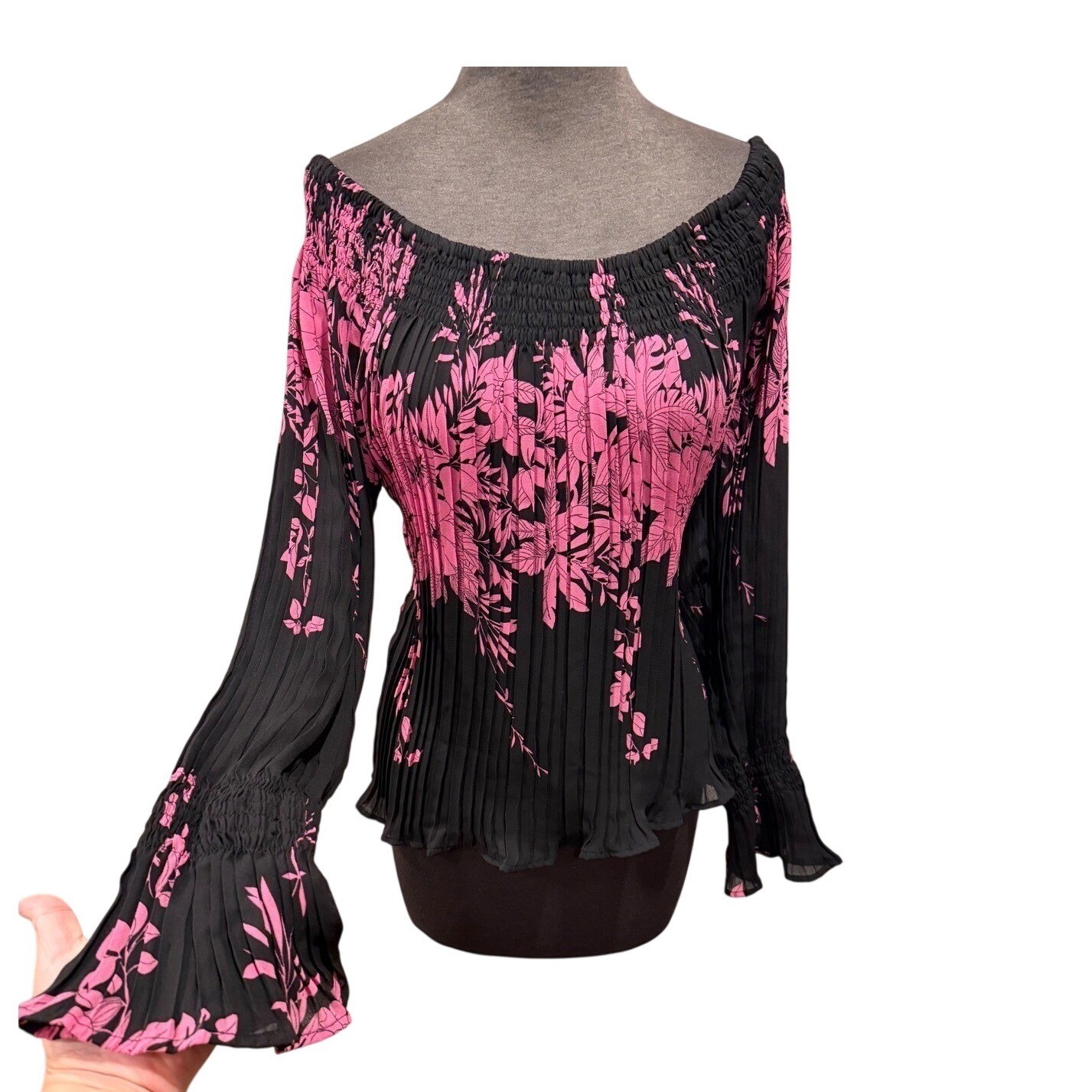 Dress-U by Sharon Pink Floral Pleated Off Shoulder Smocked Blouse XL Black