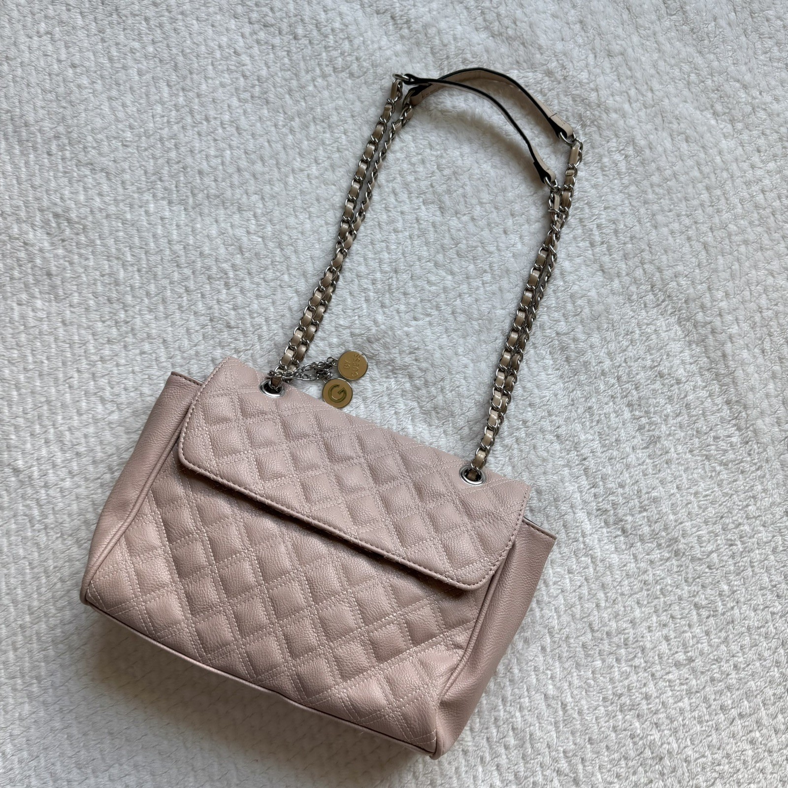 G by Guess Quilted Flap Shoulder Bag Blush Pink Leopard Lining Chain Strap Charm