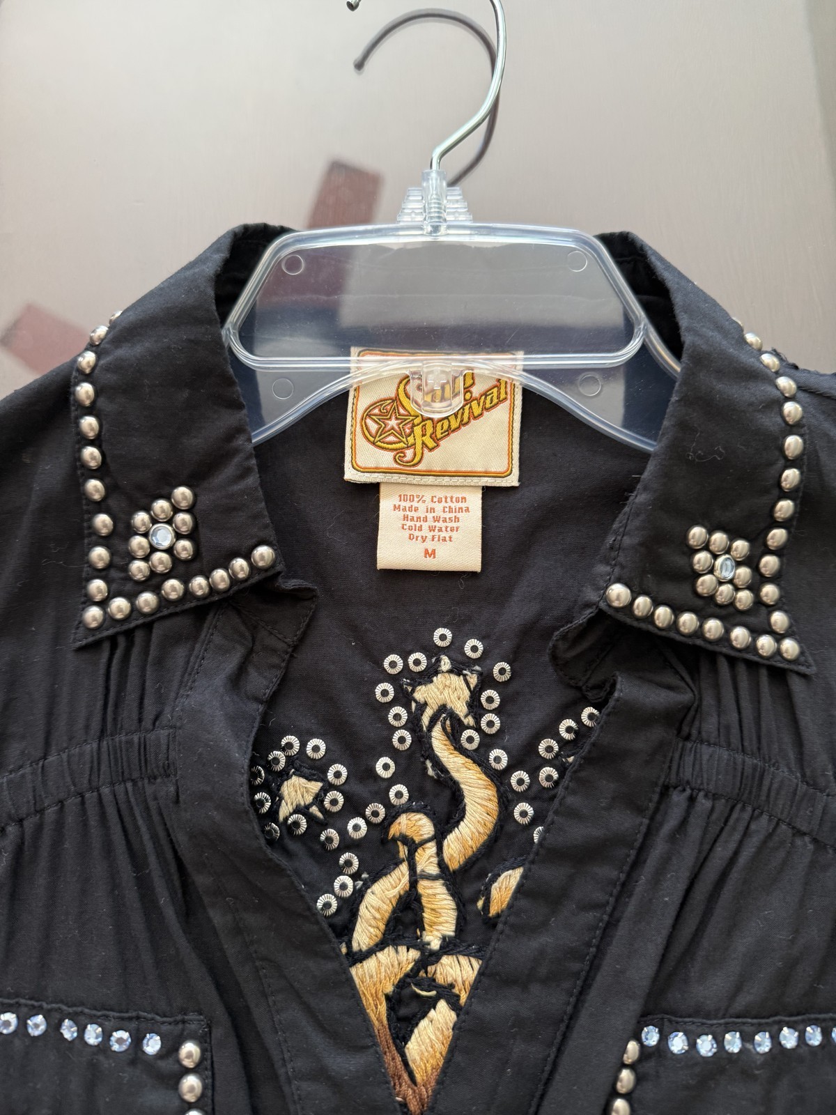 Soul Revival Black Cotton Western Snap Shirt Rhinestone Studs Embroidered M