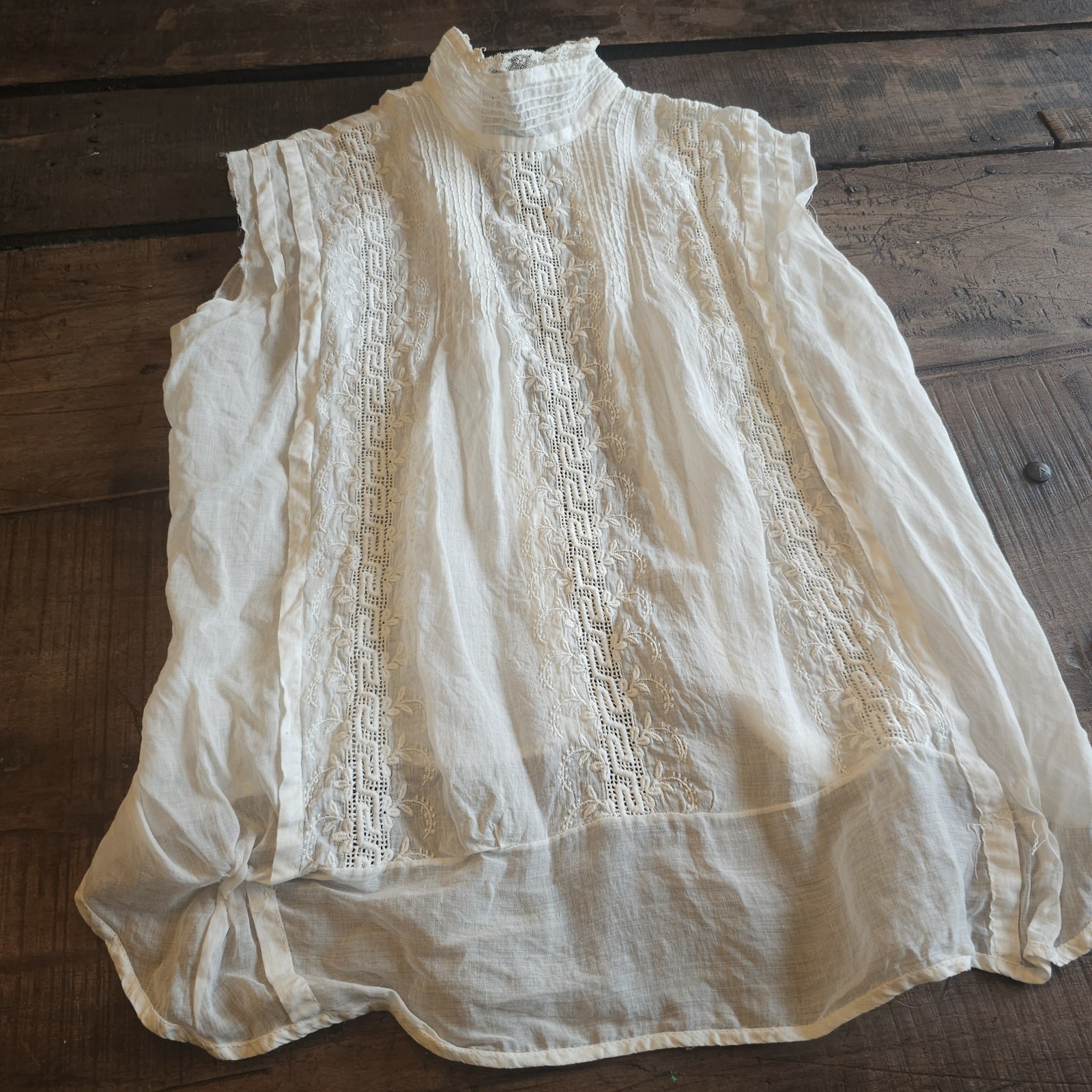 Antique Embroidered White Sleeveless Blouse Mock Neck As Is Top Shirt Edwardian