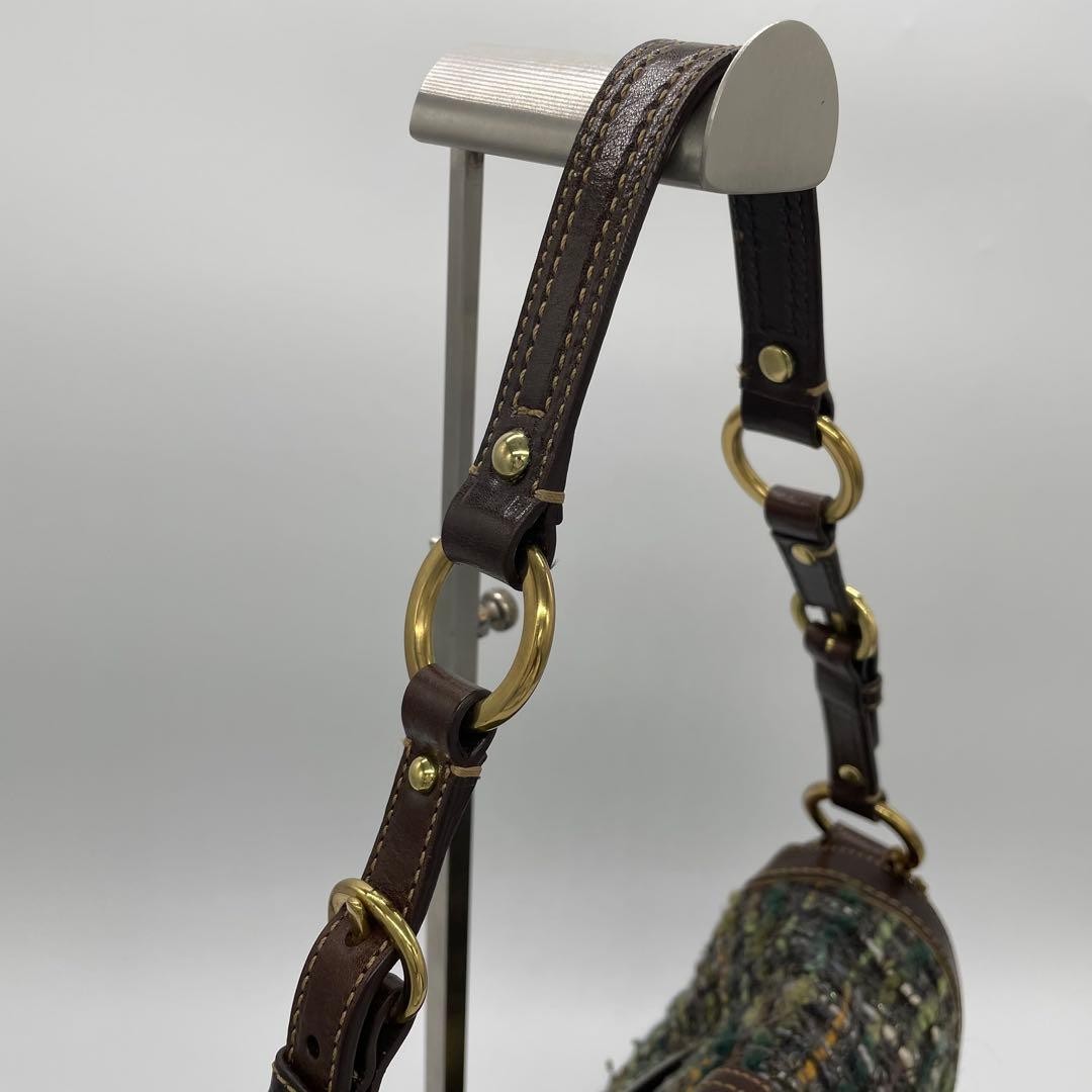 COACH 8F18 Shoulder Bag Handbag Wool Leather Suede Multicolor Brown Green Blue