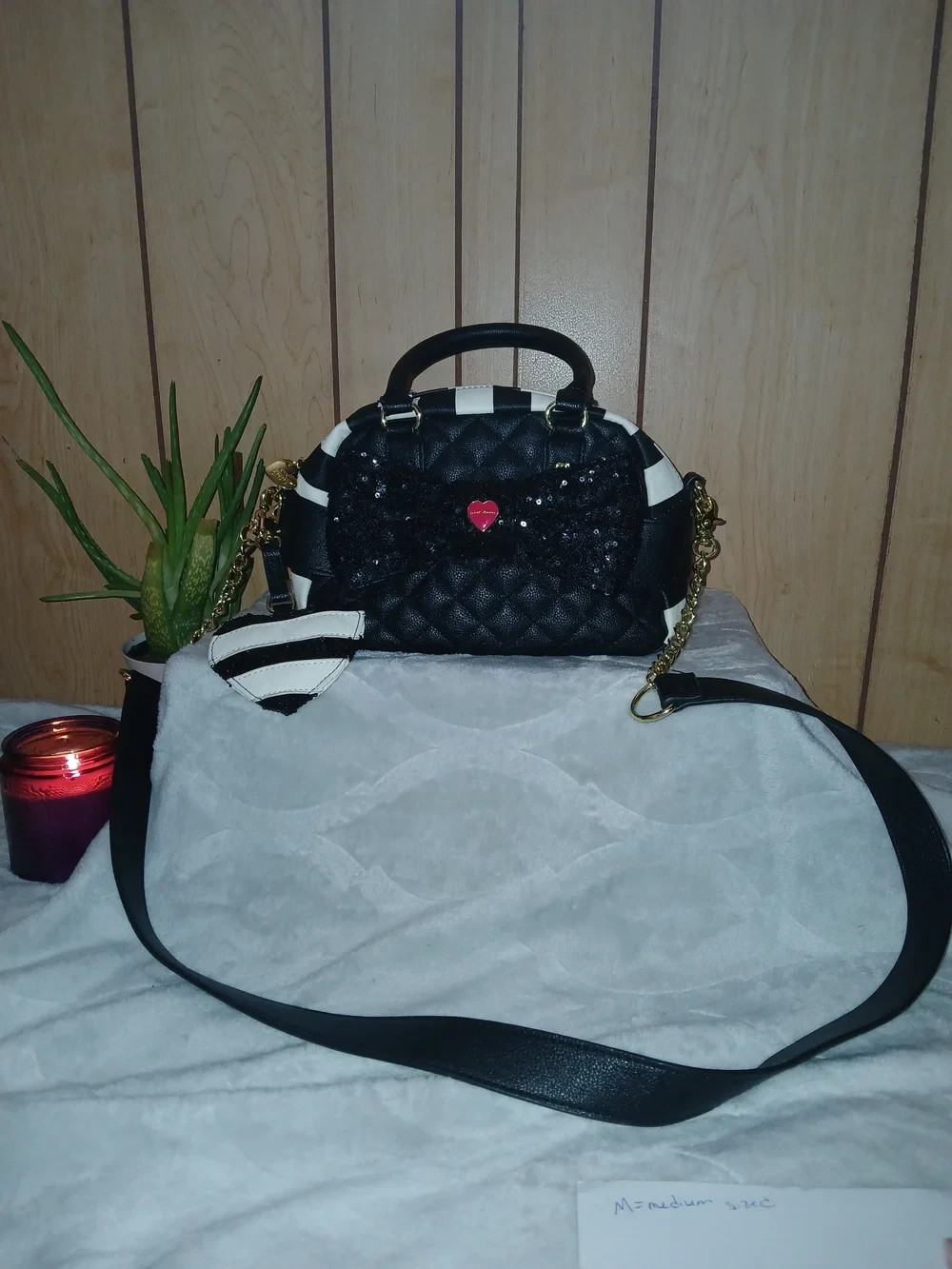 Betsey Johnson Black Quilted Heart Crossbody with Striped Accents, Whimsy, bow