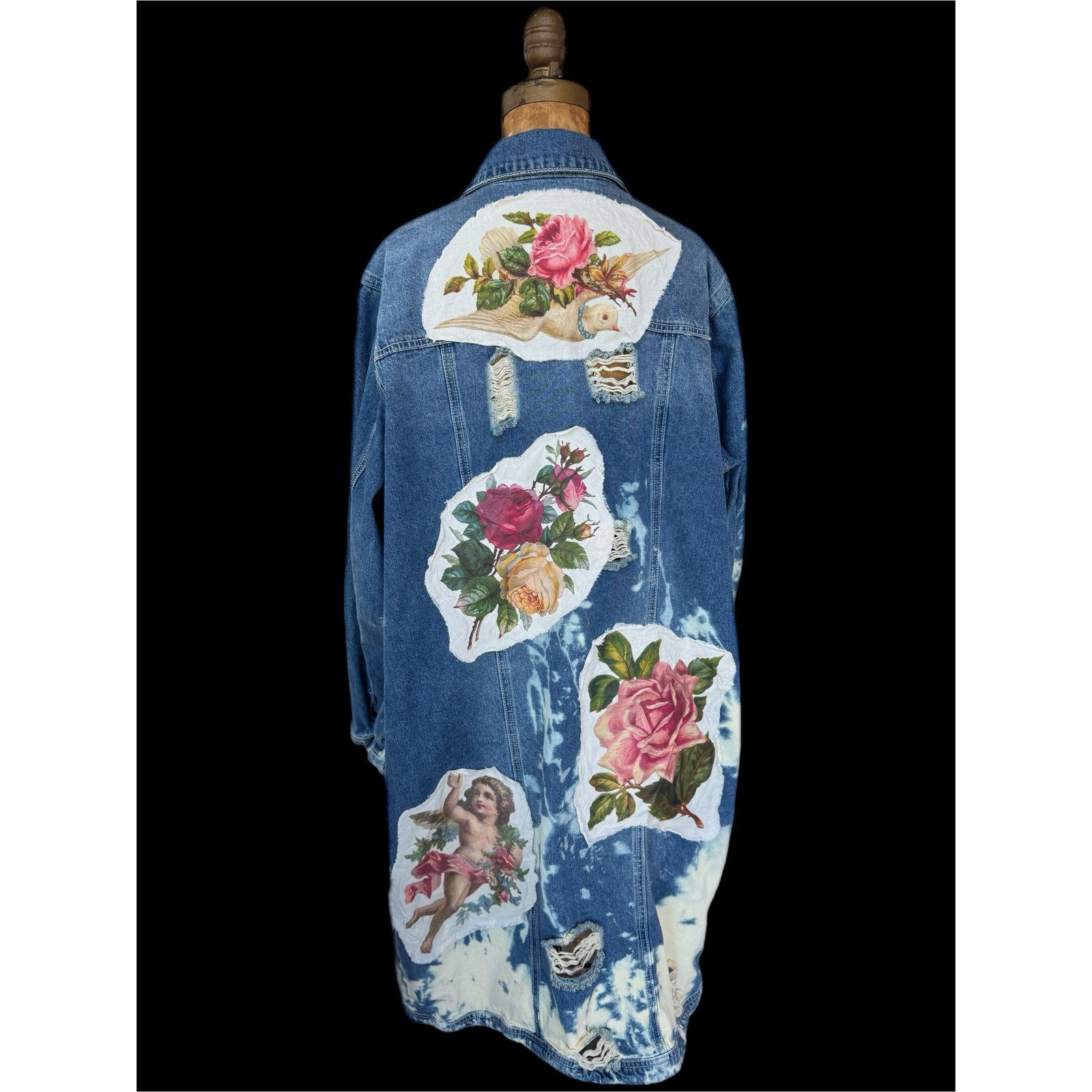 Upcycled Denim Coat Cherub Rose Patch Long Jacket Boho Folk Art XL/XXL