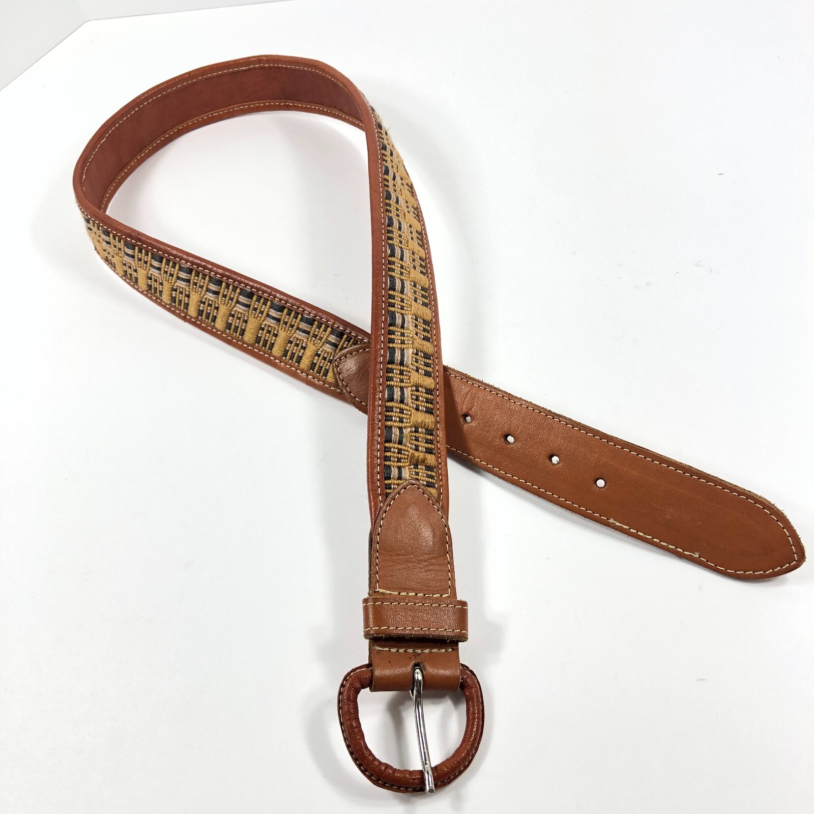 Handmade Leather Textile Belt Guatemala? Brown Boho Ethnic Unisex 30
