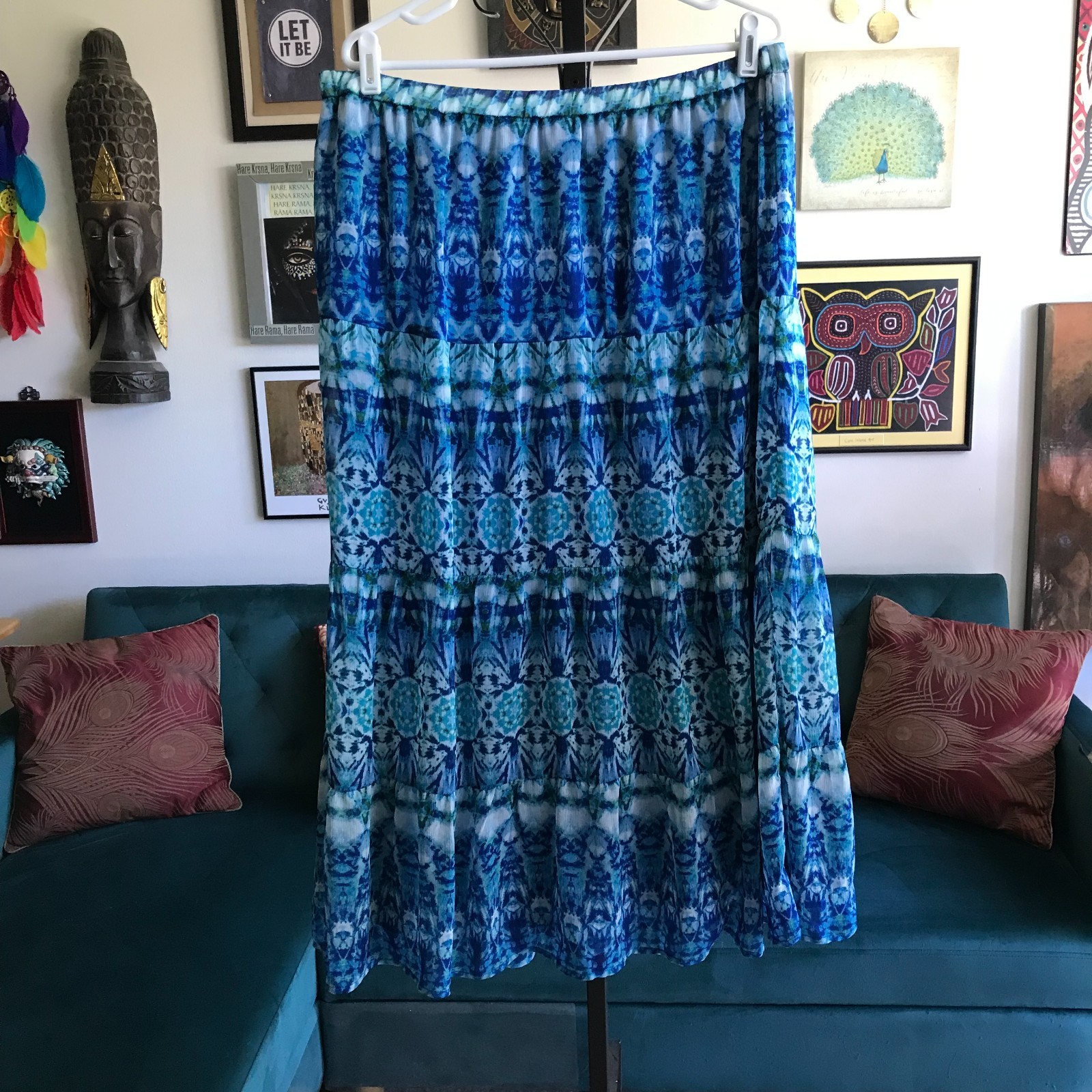 CHRISTOPHER & BANKS size L Shades of Blue & Green Tiered Long Chiffon Skirt