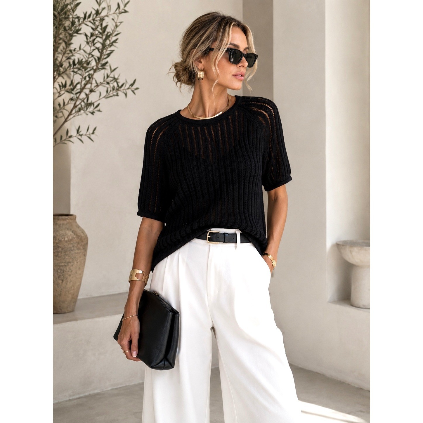 Trina Turk Open Knit Palm Beach Chic minimalist capsule wardrobe top