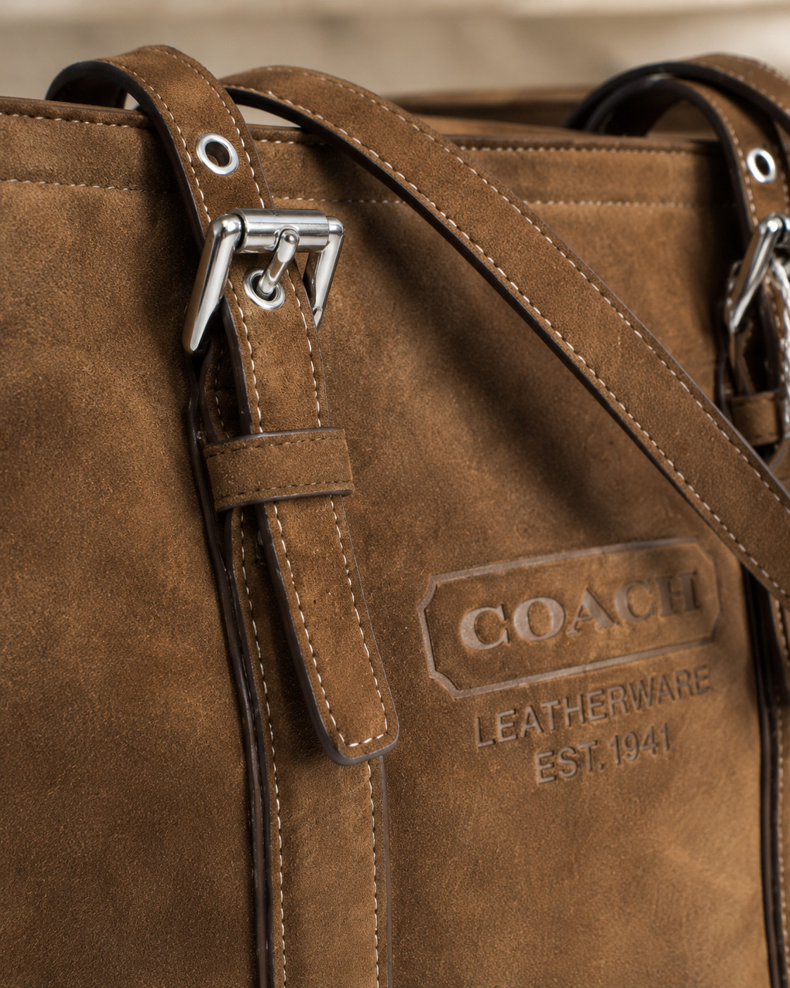 Coach Gallery Large Brown Suede Leather Tote Shoulder Bag Silver Hardware