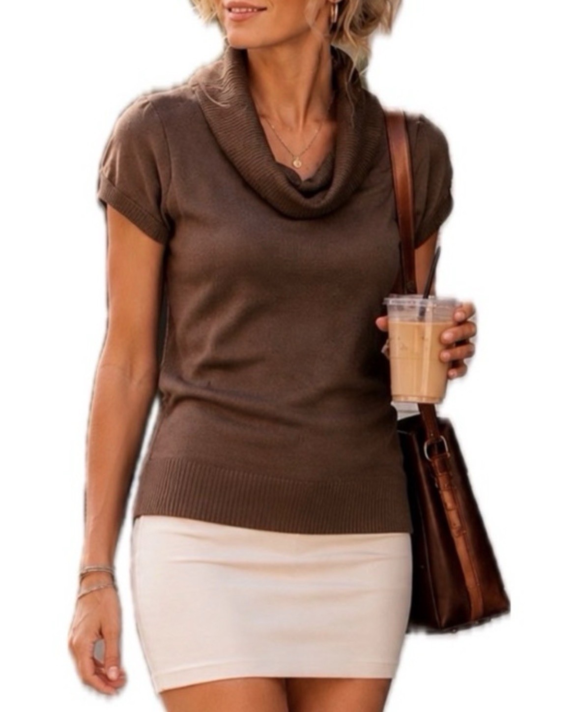Active Basic Women’s Brown Solid Knit Cowl Neck Short Sleeve Pullover Sweater L