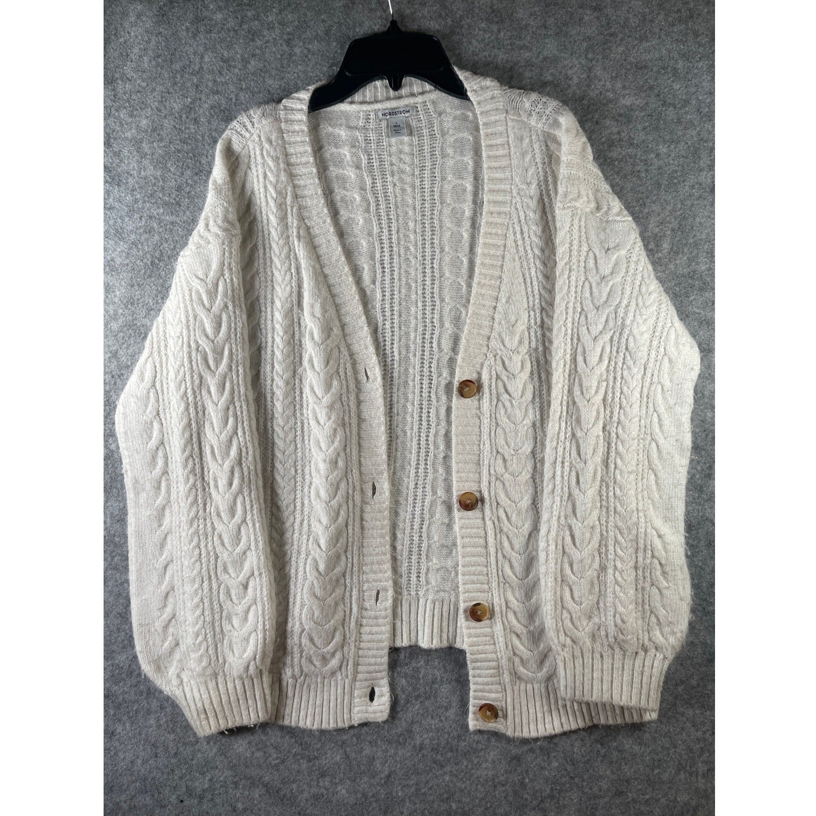 Nordstrom Cream Cable Knit Cardigan Sweater Womens Large L 10/12 Ivory Button Up