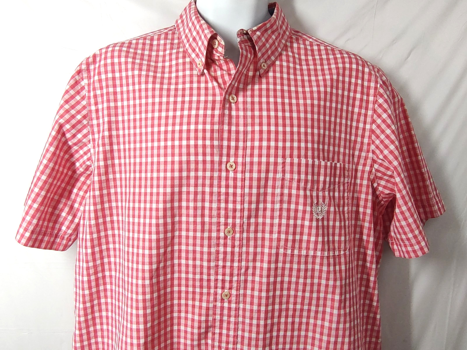 Chaps Easy Care Shirt Large Red White Check Button Down Short Sleeves Men’s