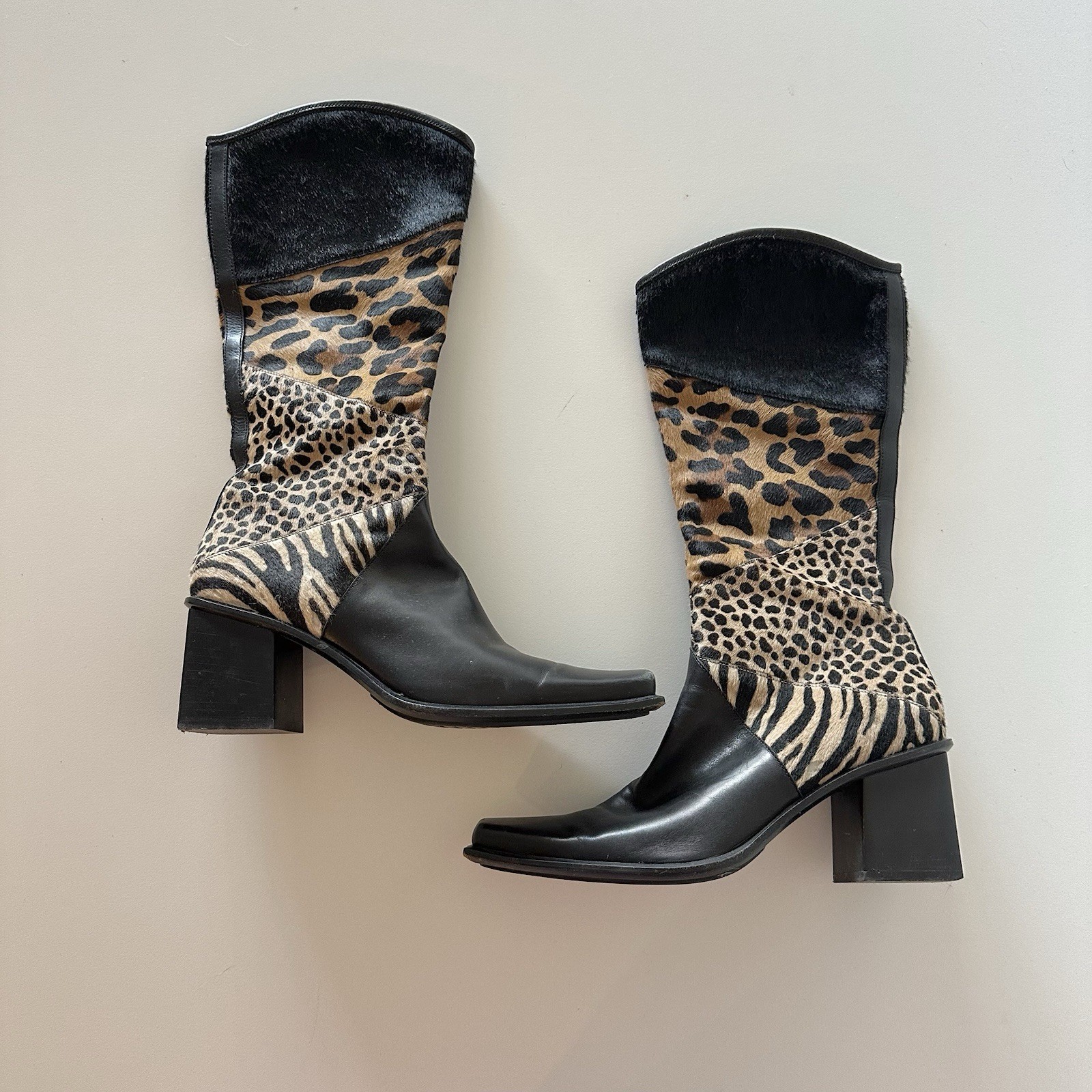 Vintage Y2K Sergio Rossi Patchwork Pony Hair Leather Tall Boots 38.5 Leopard