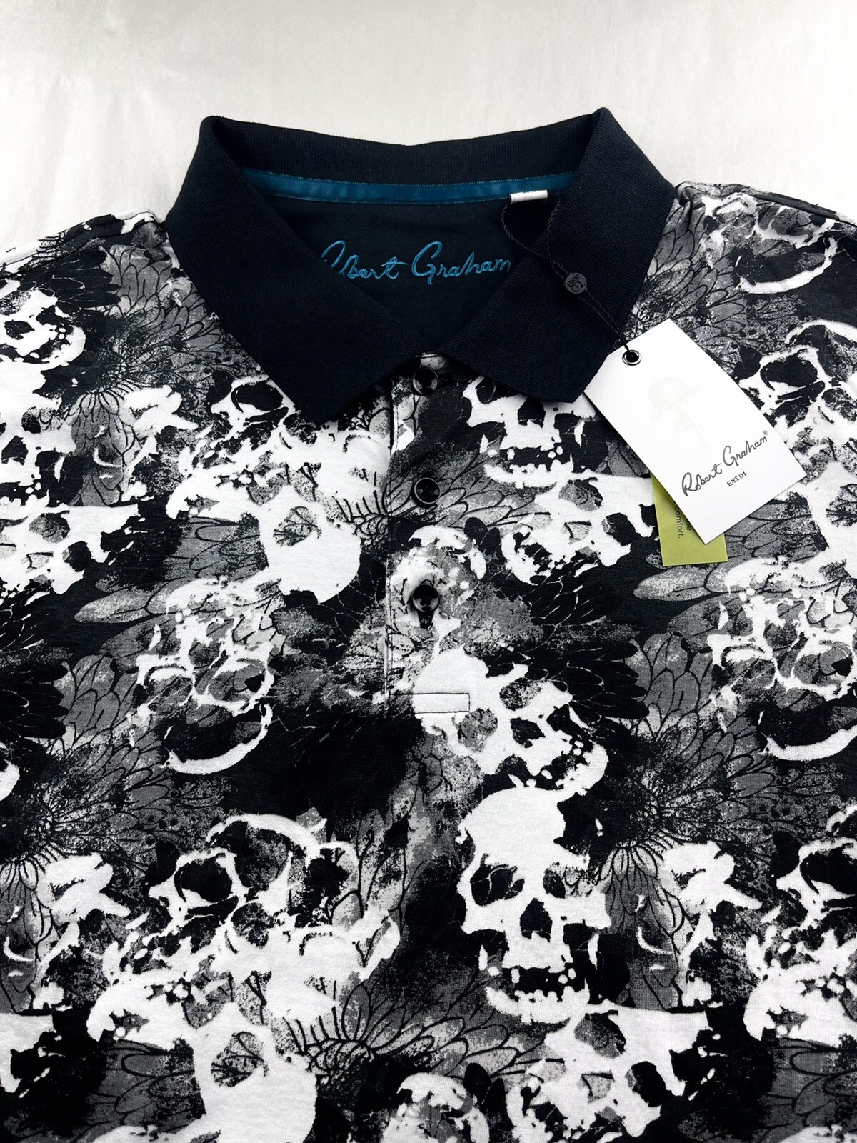 Robert Graham Geometric SKULL HEAD Floral Camouflage Print Polo Shirt Medium